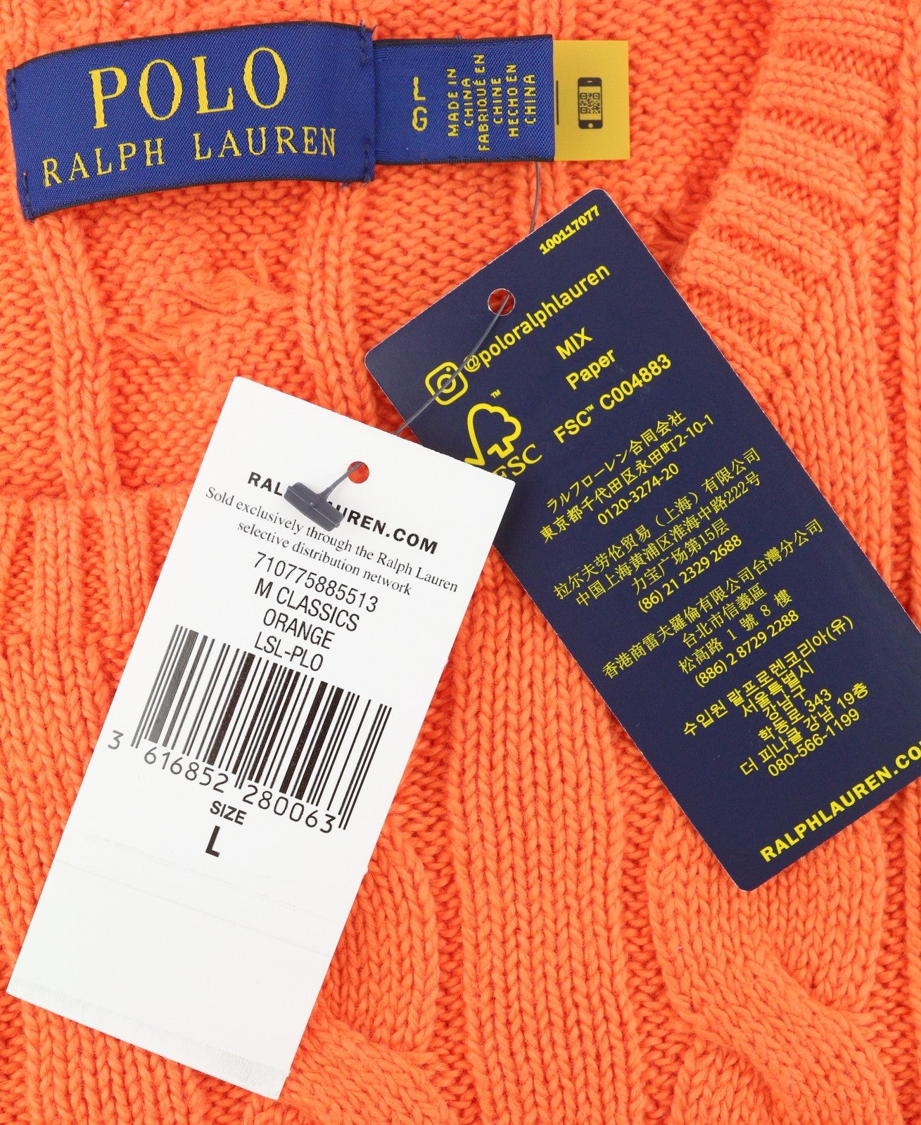 RALPH LAUREN Driver Cn-Long Sleeve Orange Men Jumper L Cable Pullover RRP214