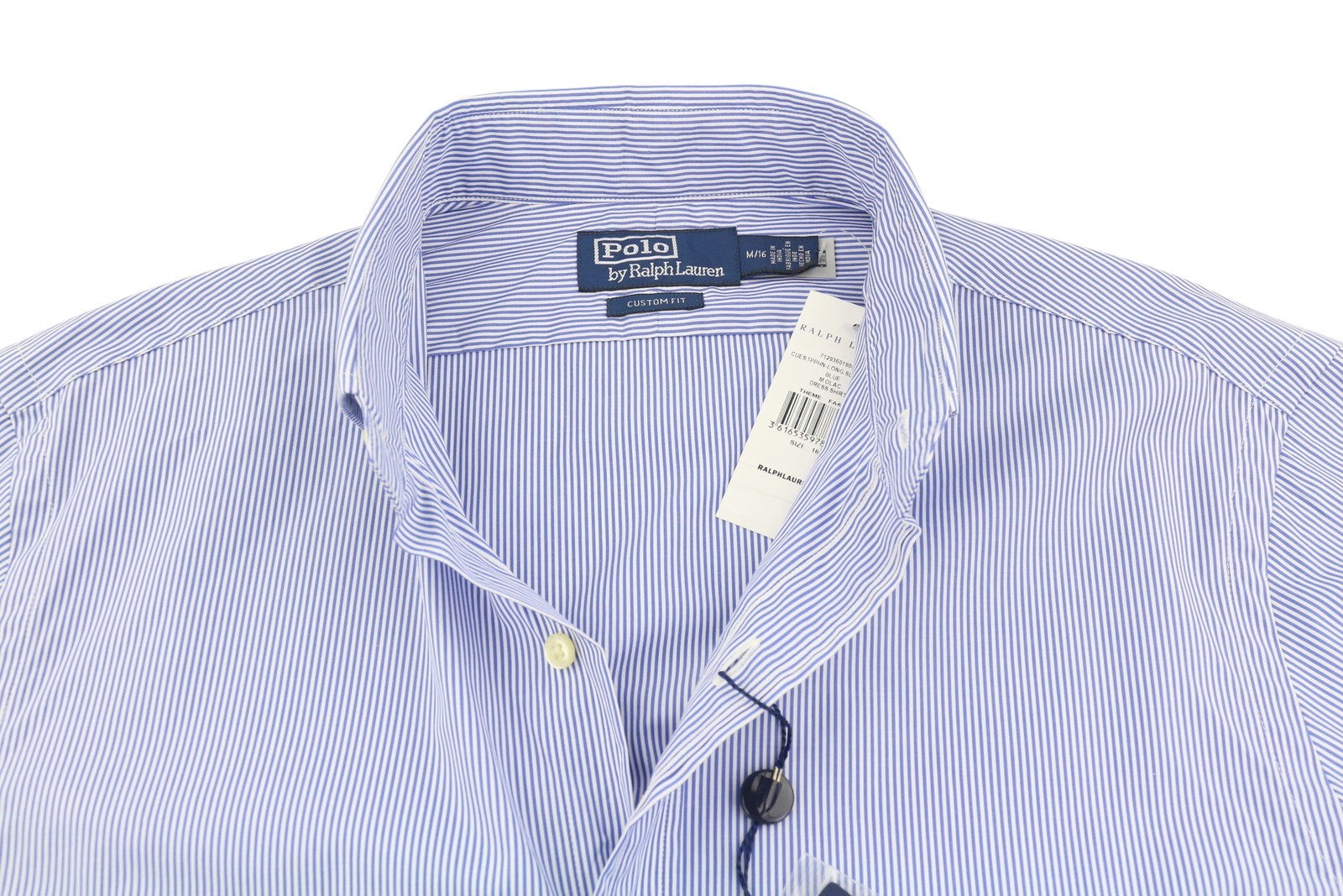 RALPH LAUREN Men Formal Shirt M Blue Stripe Custom Fit Cutaway Logo RRP169