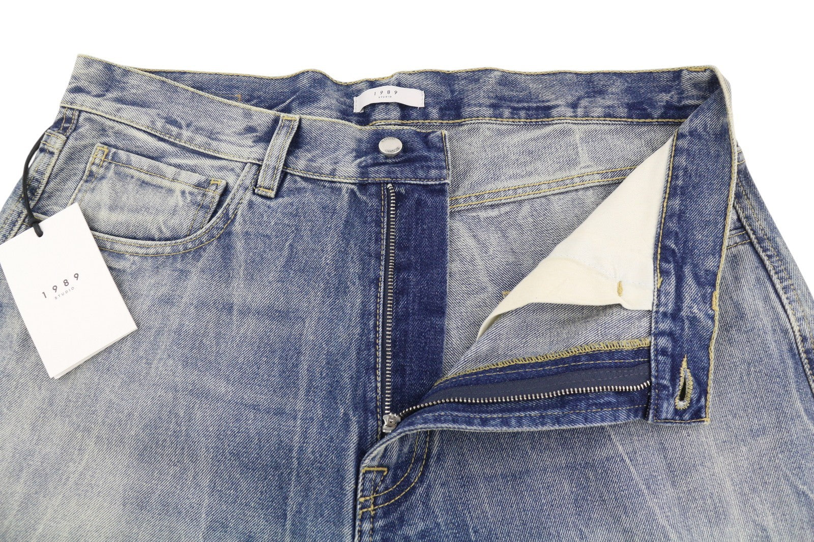 1989 STUDIO vyriški džinsai W33 mėlyni išblukę ūsai, tiesus kirpimas, plėšytas džinsas 