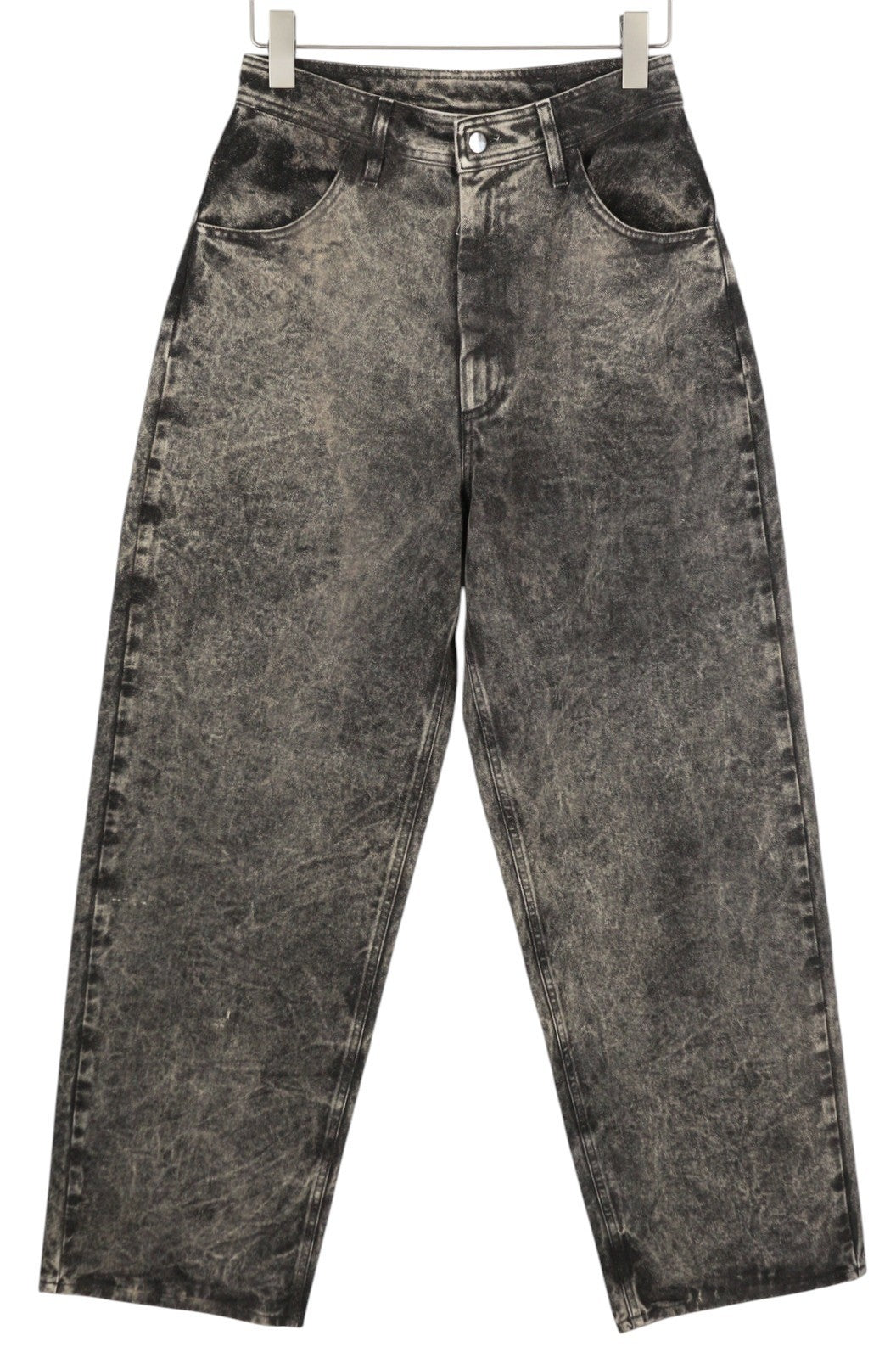 KHRISJOY moteriški džinsai W27 pilki, išblukinti, skalbti, tiesaus kirpimo, aukštu juosmeniu, užtrauktuku. 