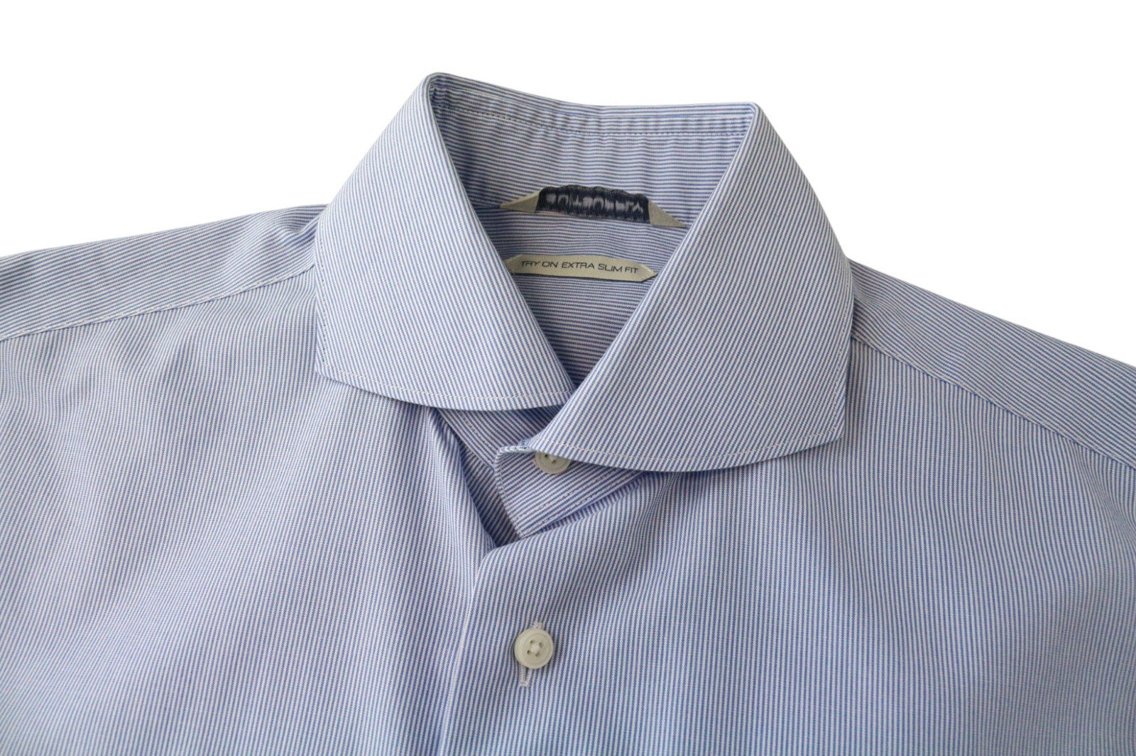 SUITSUPPLY Men's Shirt 37/14 1/2 Extra Slim Blue Striped Cotton Twill Button-Up