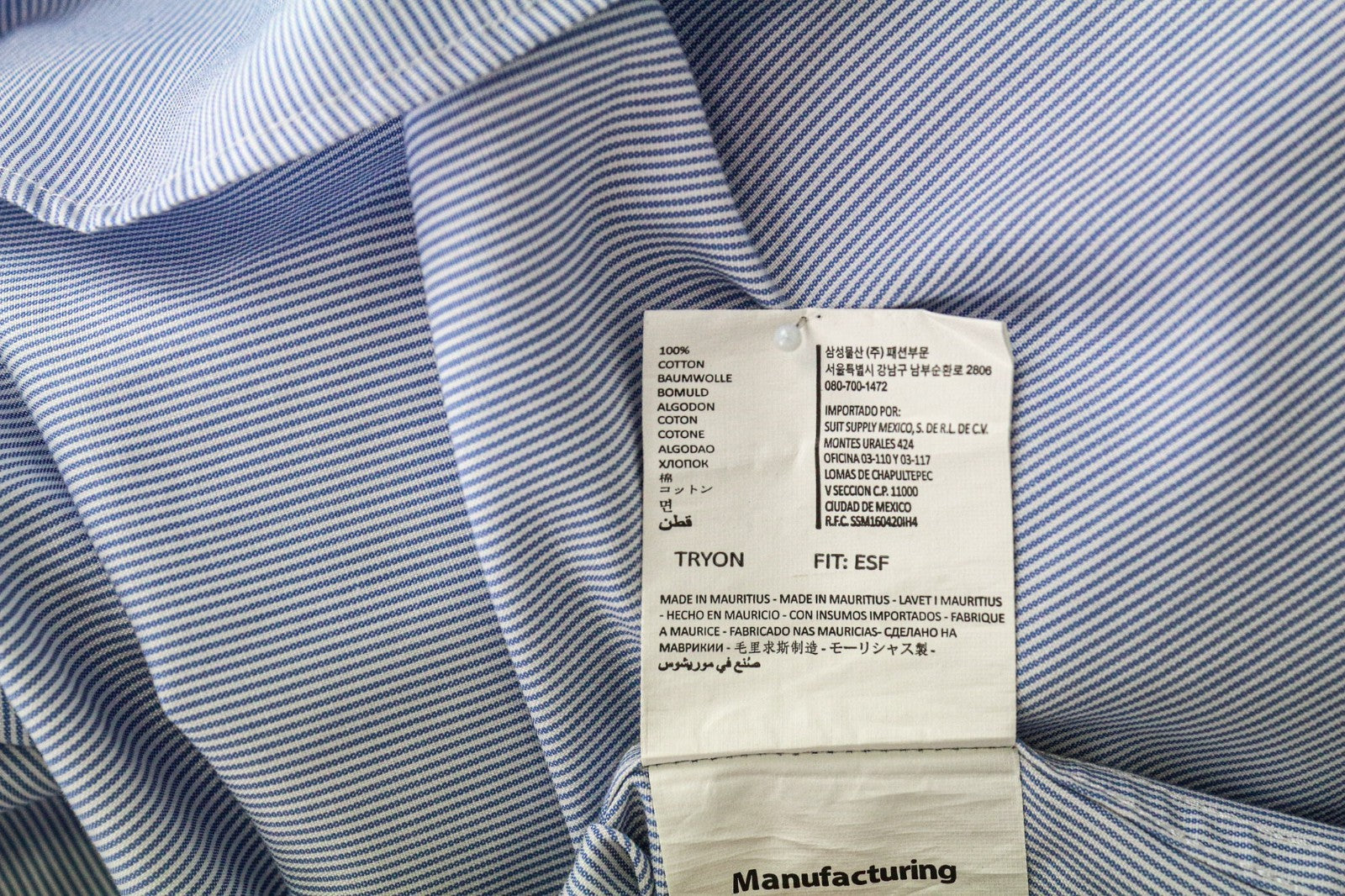 SUITSUPPLY Men's Shirt 37/14 1/2 Extra Slim Blue Striped Cotton Twill Button-Up