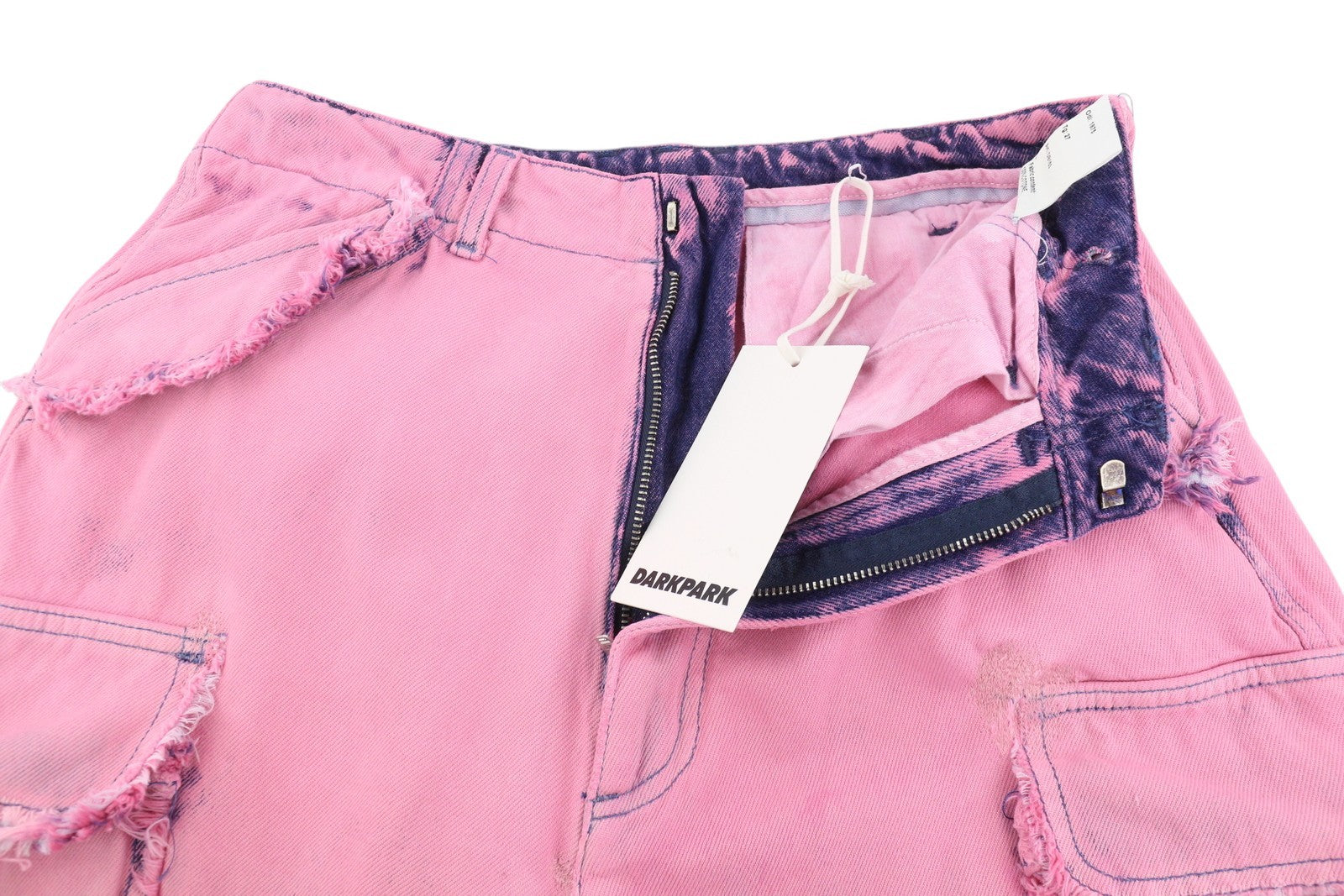 DARKPARK Vivi Cargo Denim moteriški džinsai 27 PB rožinės ir mėlynos spalvos plačių klešnių, laisvo kirpimo 