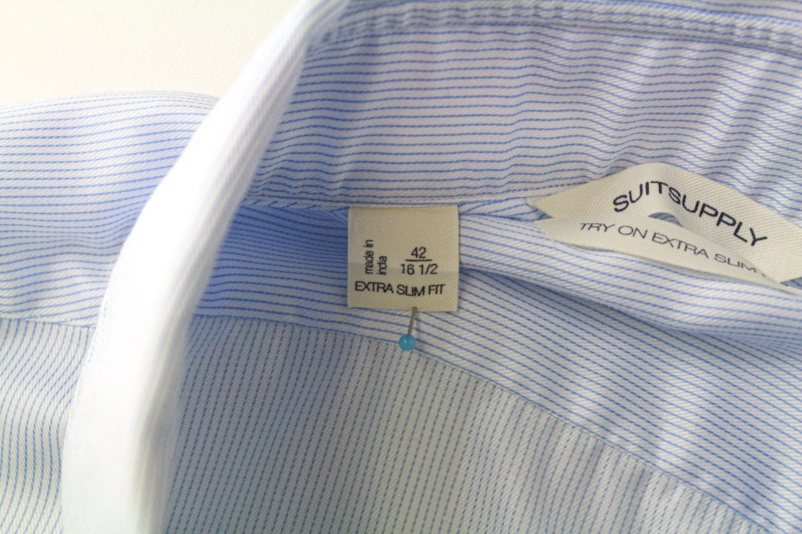 SUITSUPPLY Men's Shirt 42/16 1/2 Extra Slim Blue Striped Pure Cotton Cutaway