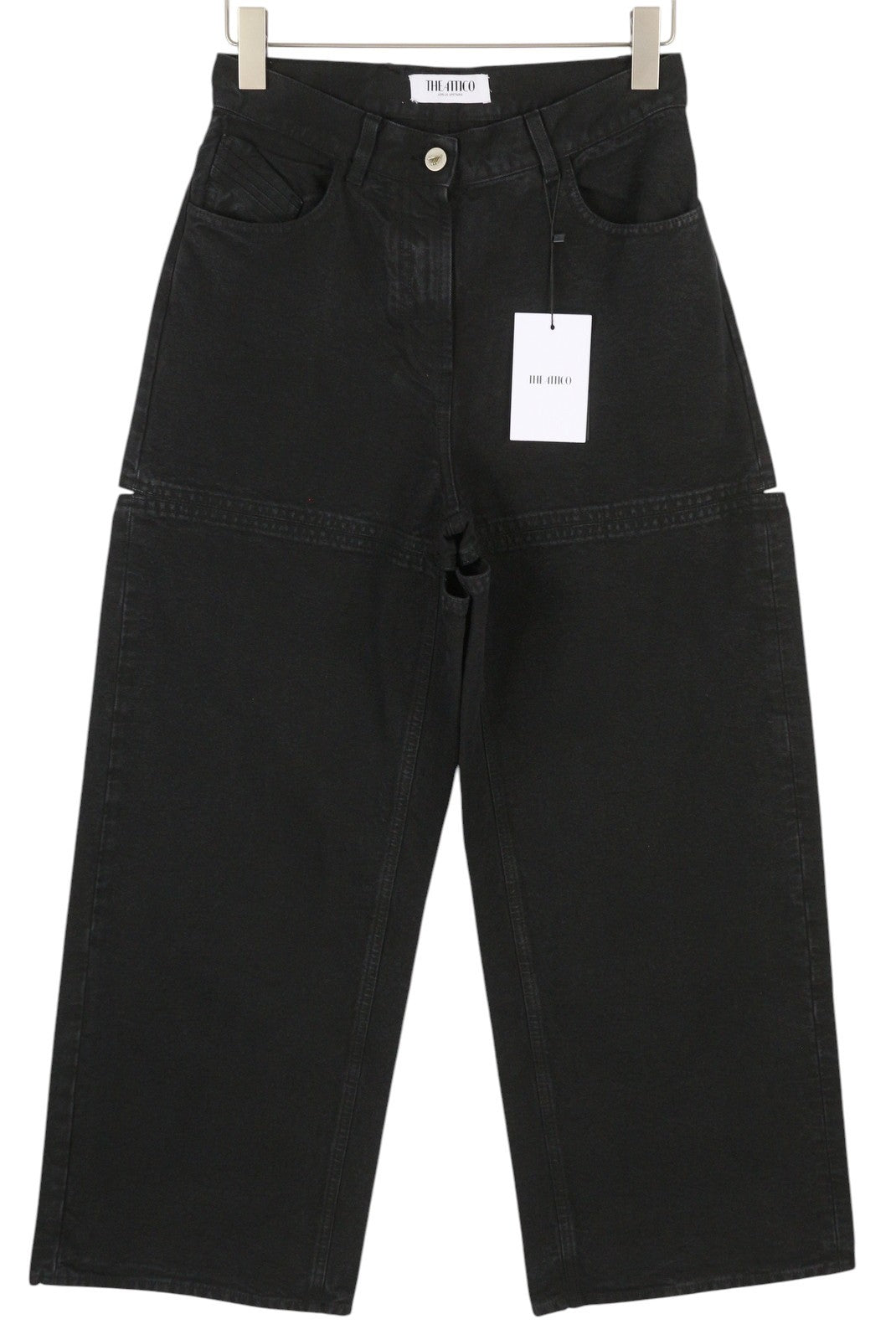 THE ATTICO moteriški džinsai 25 juodi laisvi maišo formos kirpimo džinsai su iškirptėmis FW25 RRP590 