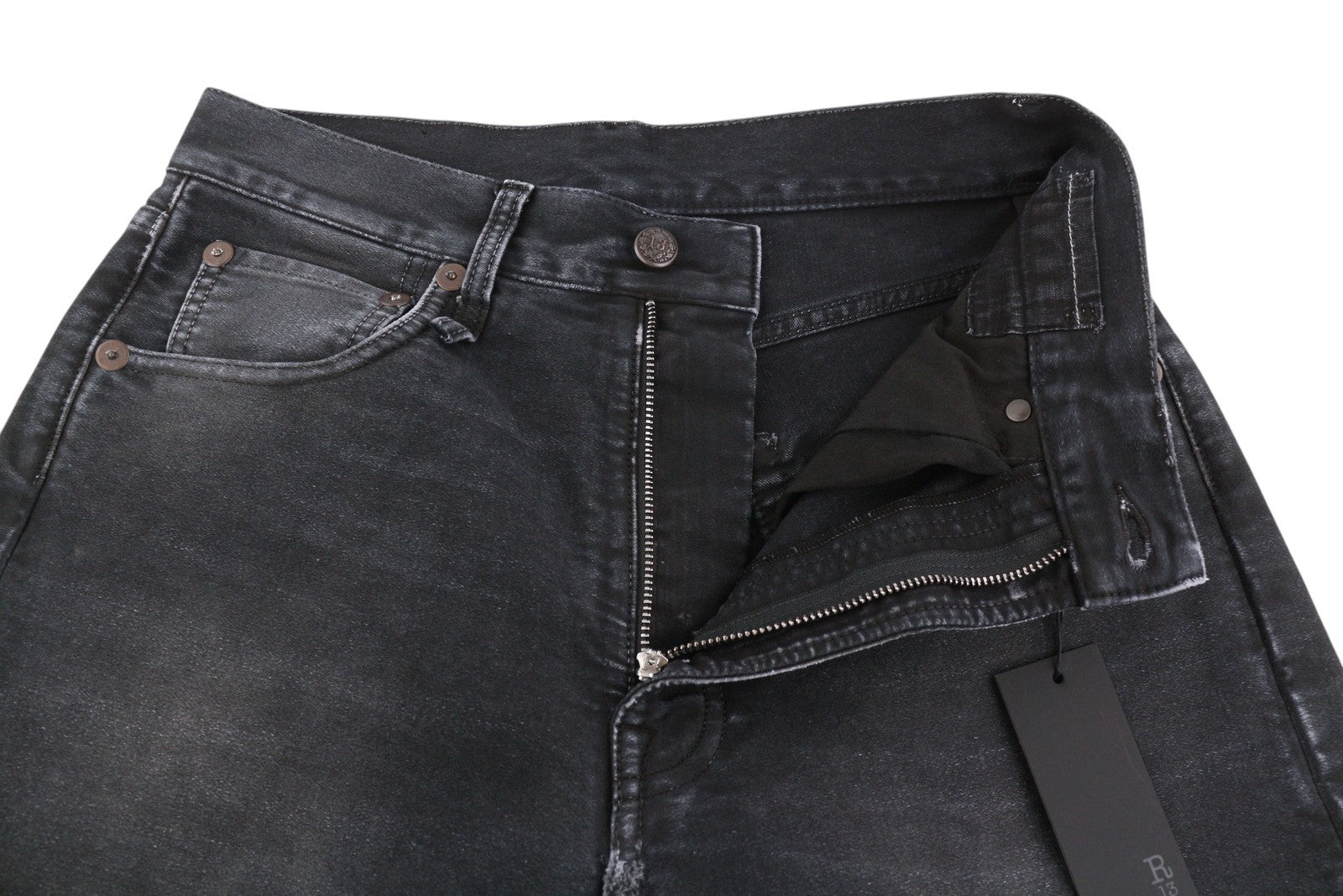 R13 X-BF moteriški džinsai 23 juodi dažyti moleskino trumpinti užtrauktukai FW25 