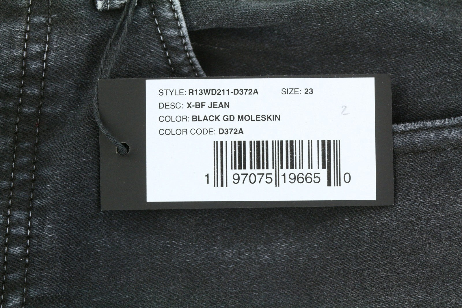 R13 X-BF moteriški džinsai 23 juodi dažyti moleskino trumpinti užtrauktukai FW25 