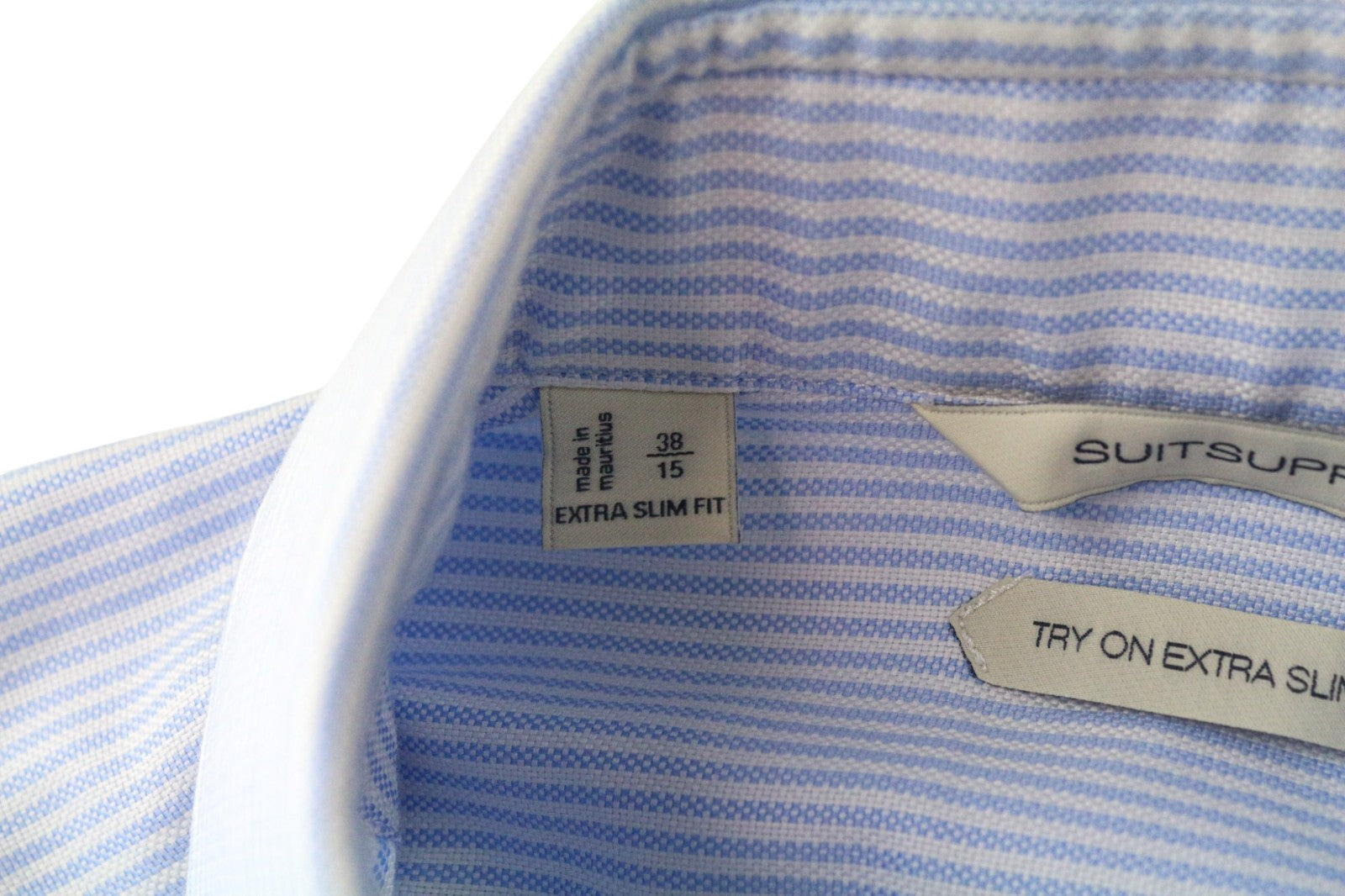 SUITSUPPLY Men's Shirt 38/15 Extra Slim Blue Striped Cotton Cutaway Twill