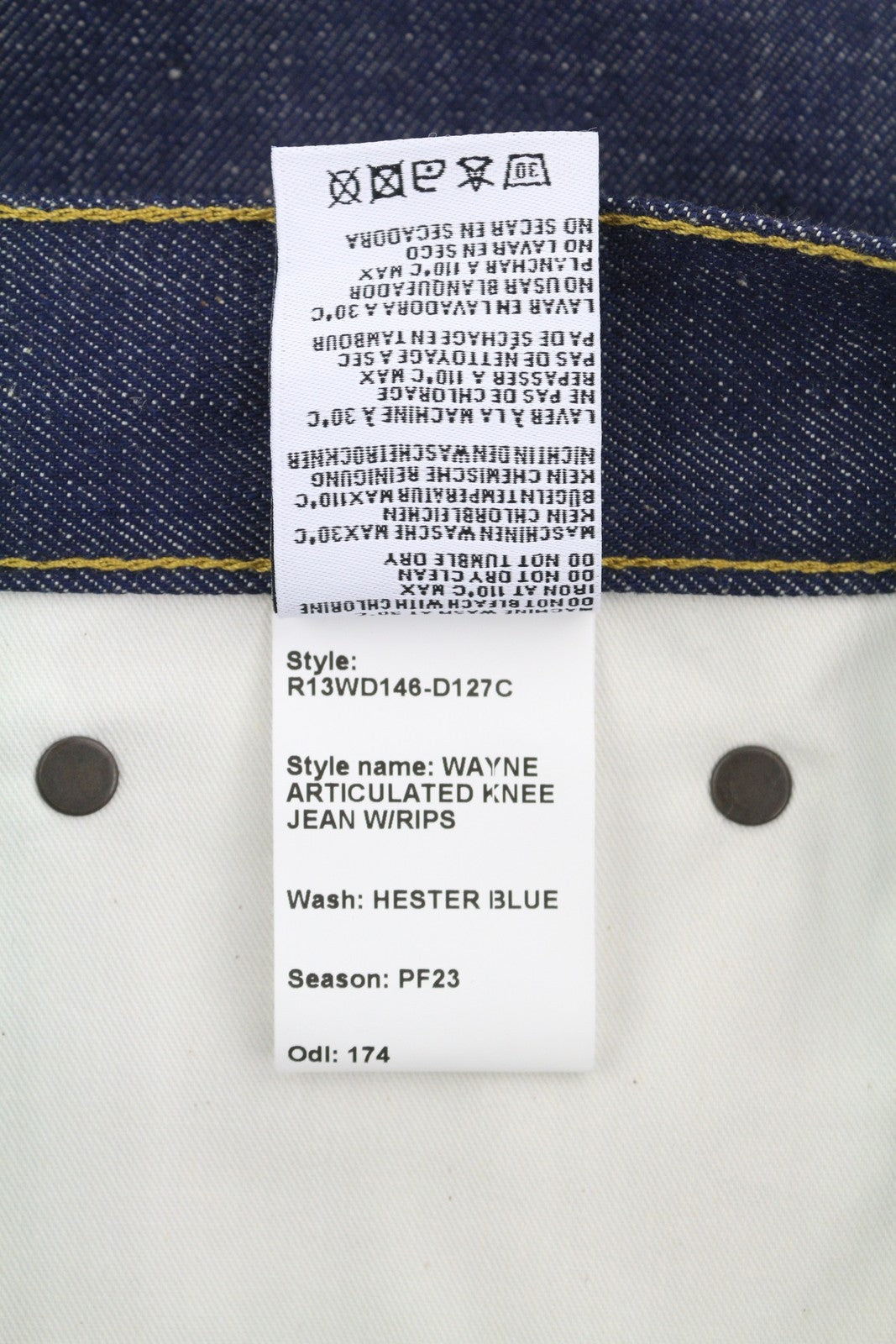 R13 Wayne džinsai su sąnariais ant kelių, 31 dydis, Hester mėlyni, klostuoti, laisvi, maišyti džinsai 