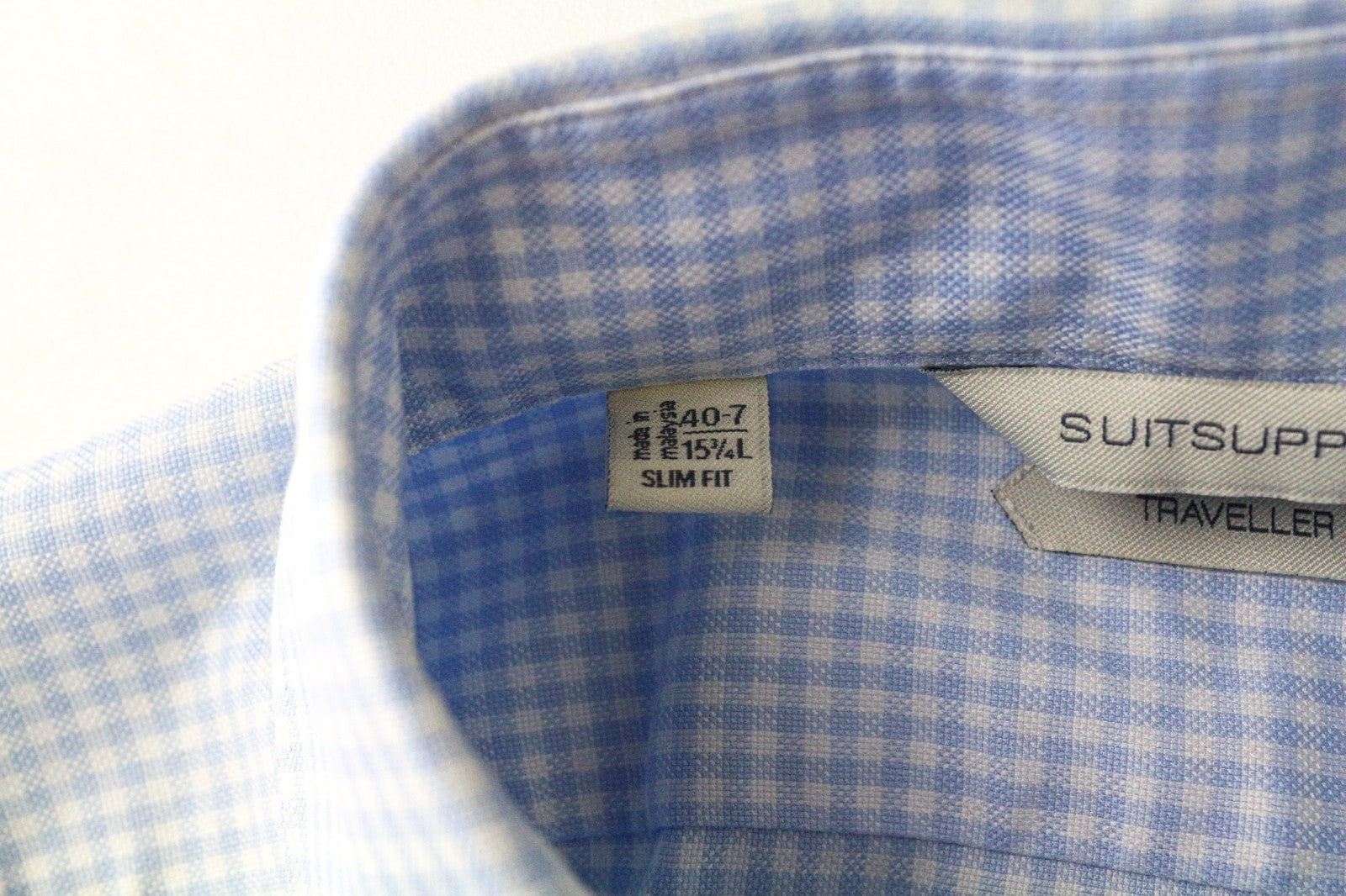SUITSUPPLY vyriški marškiniai 40-7/15 3/4L ploni mėlyni medvilniniai languoti ilgomis rankovėmis 