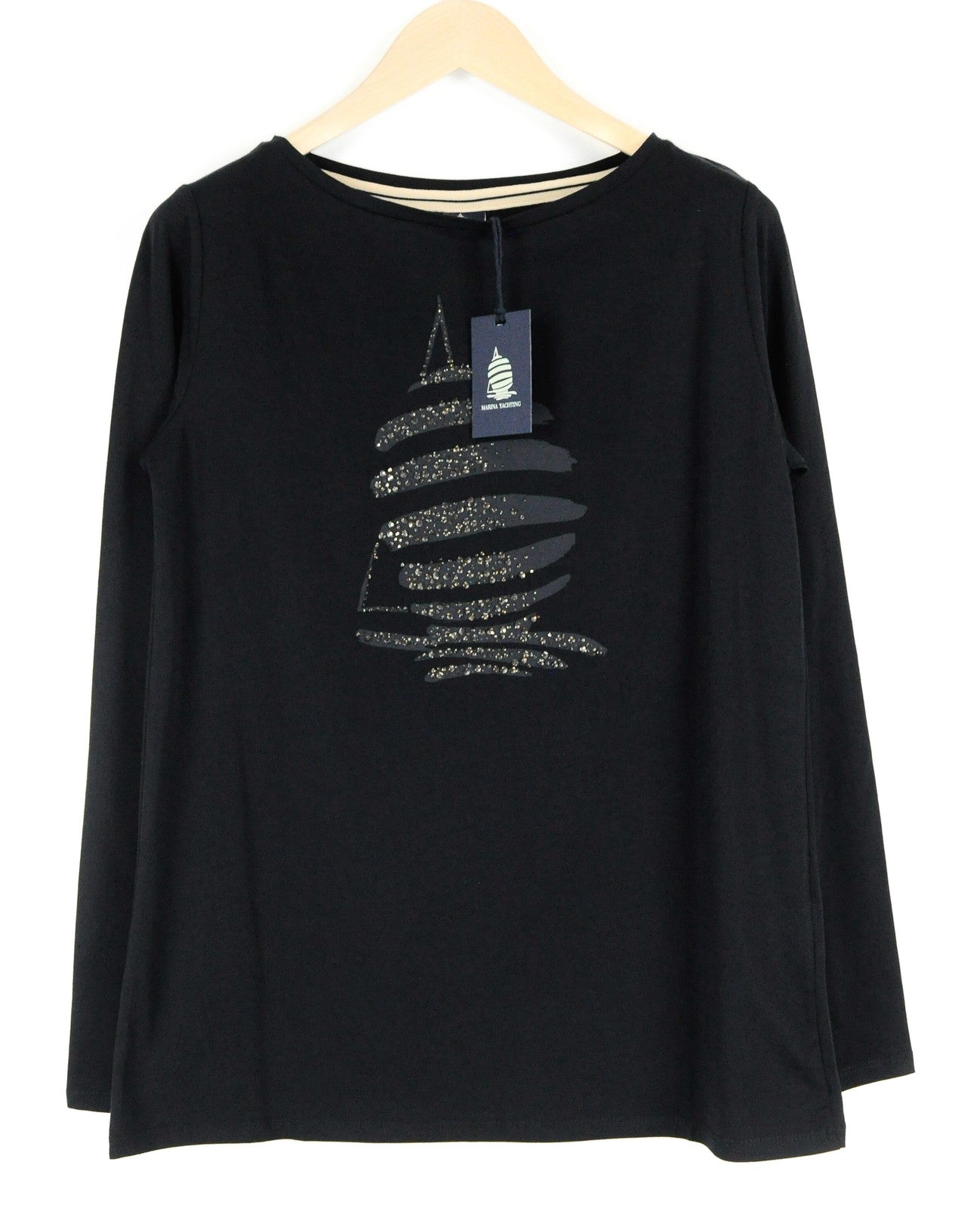 MARINA YACHTING Women T-Shirt L Long Sleeve Rhinestone Logo Black Cotton Stretch