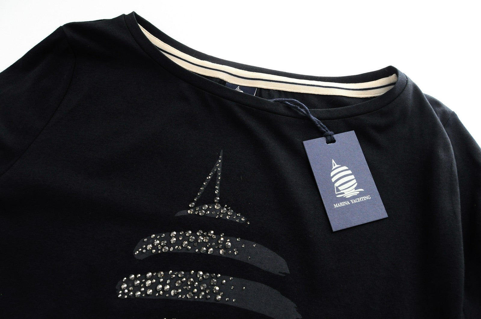 MARINA YACHTING Women T-Shirt L Long Sleeve Rhinestone Logo Black Cotton Stretch