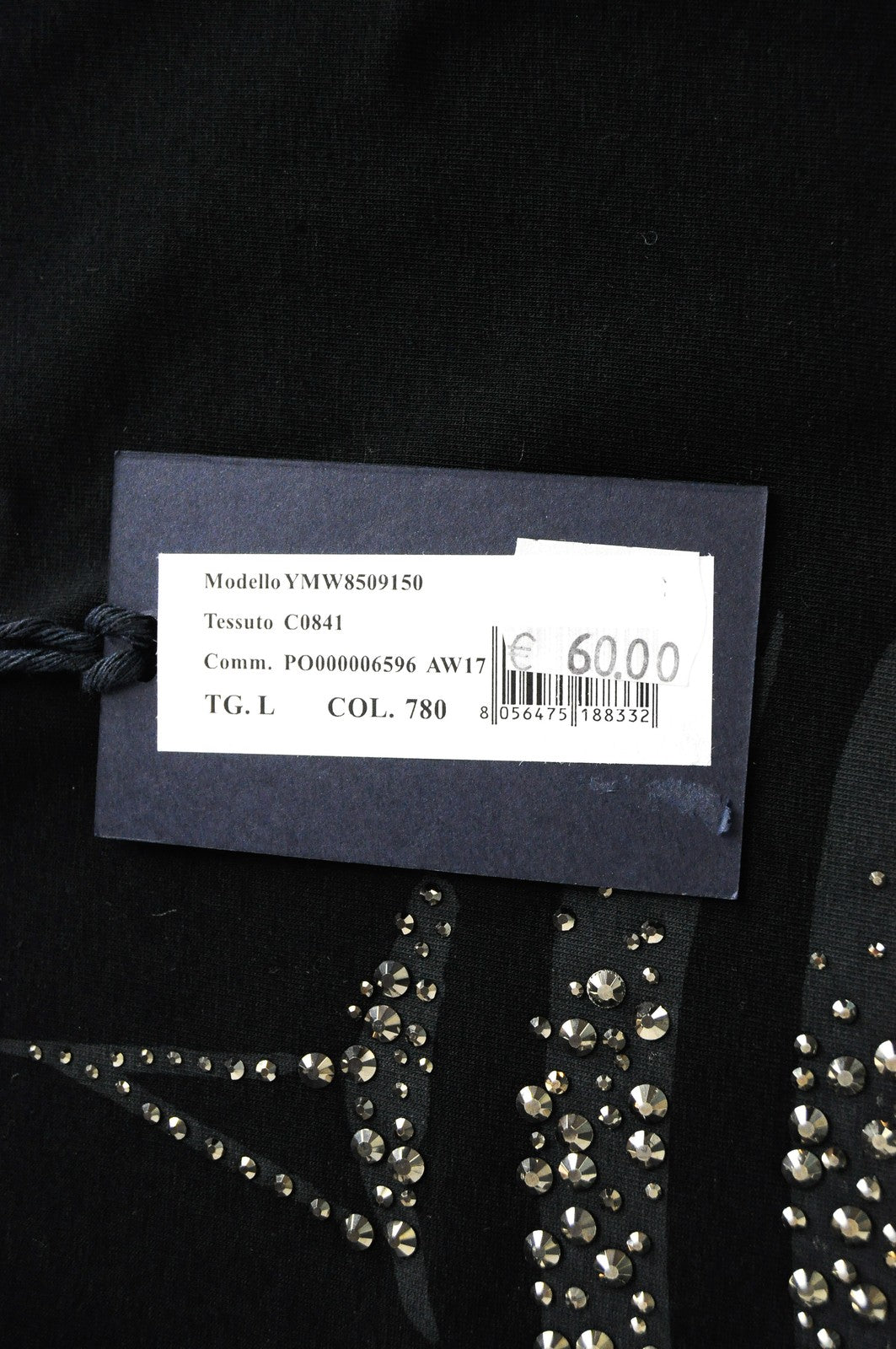 MARINA YACHTING Women T-Shirt L Long Sleeve Rhinestone Logo Black Cotton Stretch