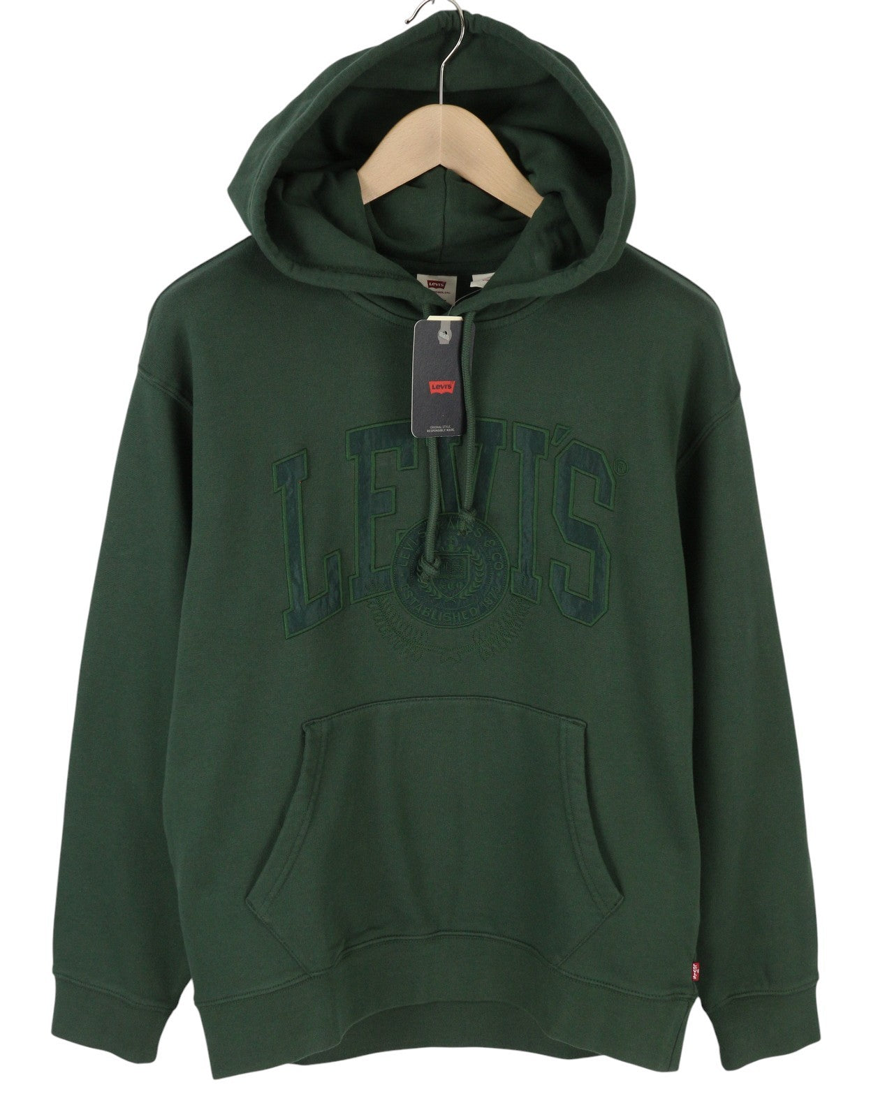 LEVI'S Relaxed Fit Men Hoodie S Green Embroidered Logo Kangaroo Pull On