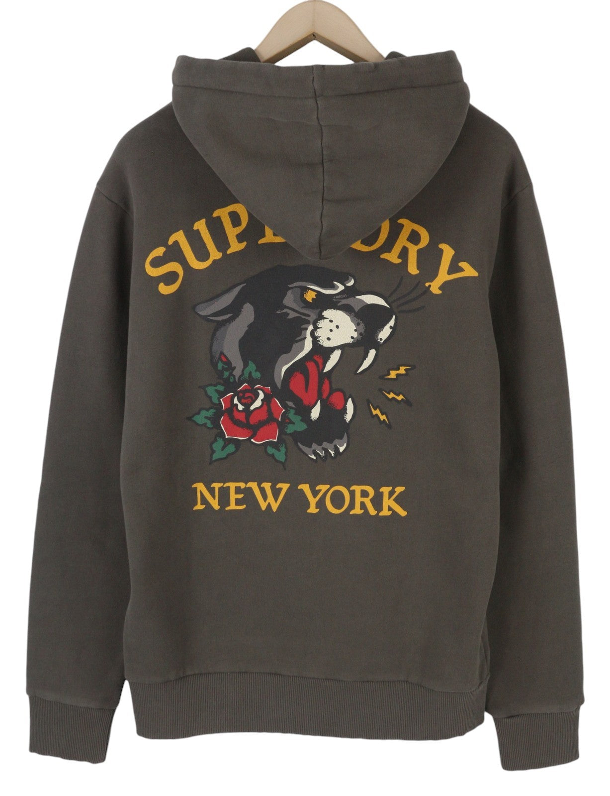 SUPERDRY Tattoo Back Graphic Men Hoodie M Grey Loose Kangaroo Pull On