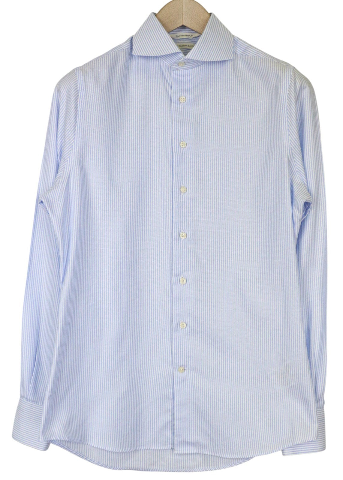 SUITSUPPLY Men's Formal Shirt 37/14 1/2 Extra Slim Blue Cotton Stripe Pattern