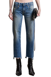 R13 Boy Straight W Rips Women Jeans 29 Jasper Stretch Low Rise Cropped Blue