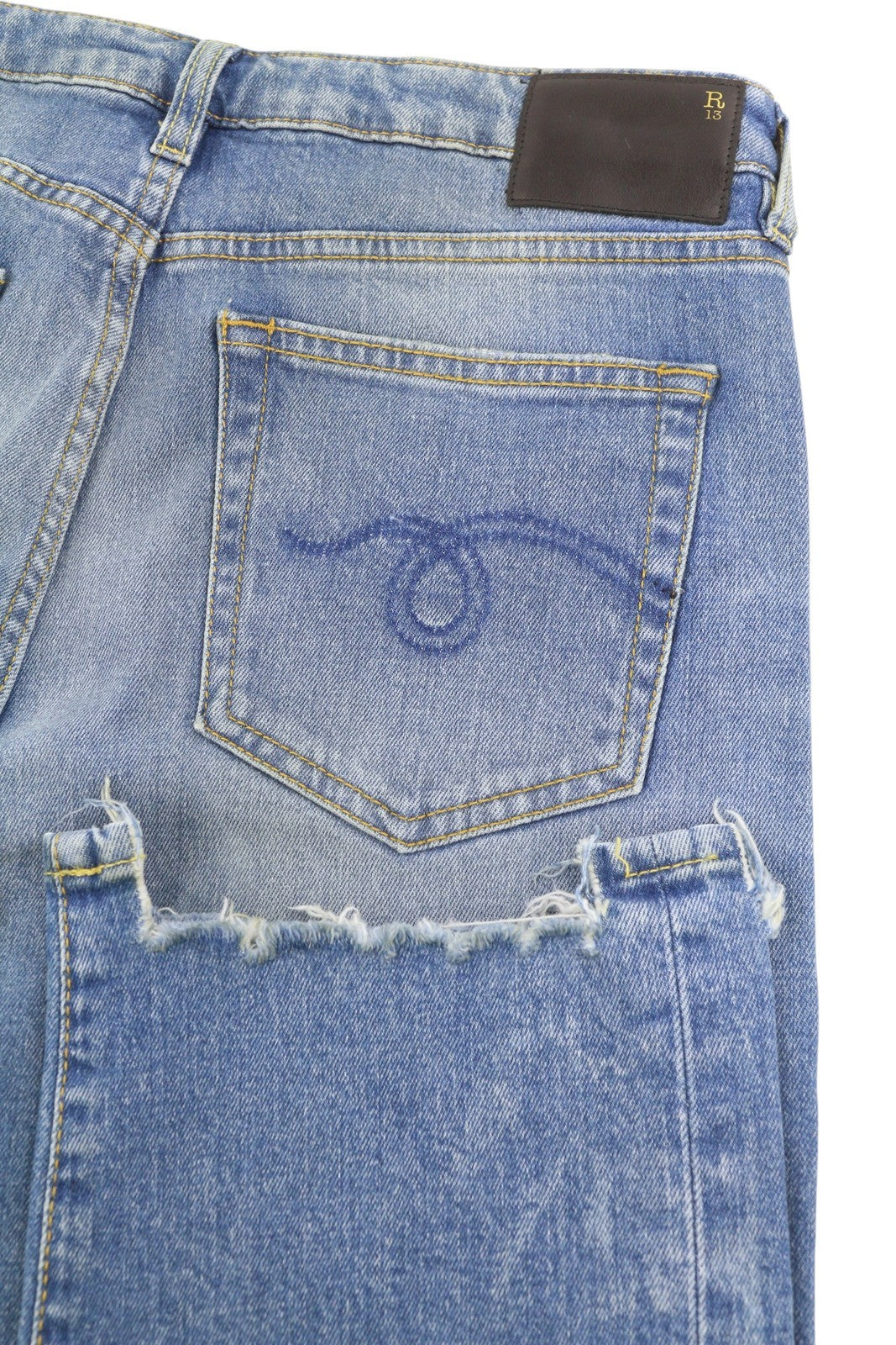 R13 Boy Straight W Rips Women Jeans 29 Jasper Stretch Low Rise Cropped Blue