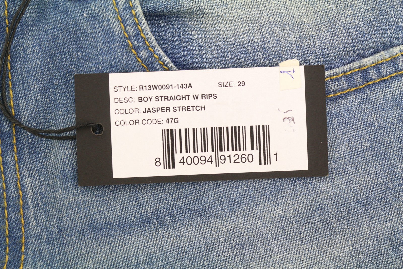 R13 Boy Straight W Rips Women Jeans 29 Jasper Stretch Low Rise Cropped Blue