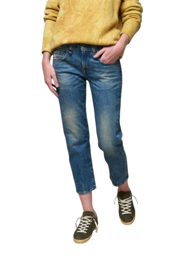 R13 Boy Straight Women Jeans 28 Kelly Stretch Cropped Zip Blue RRP699