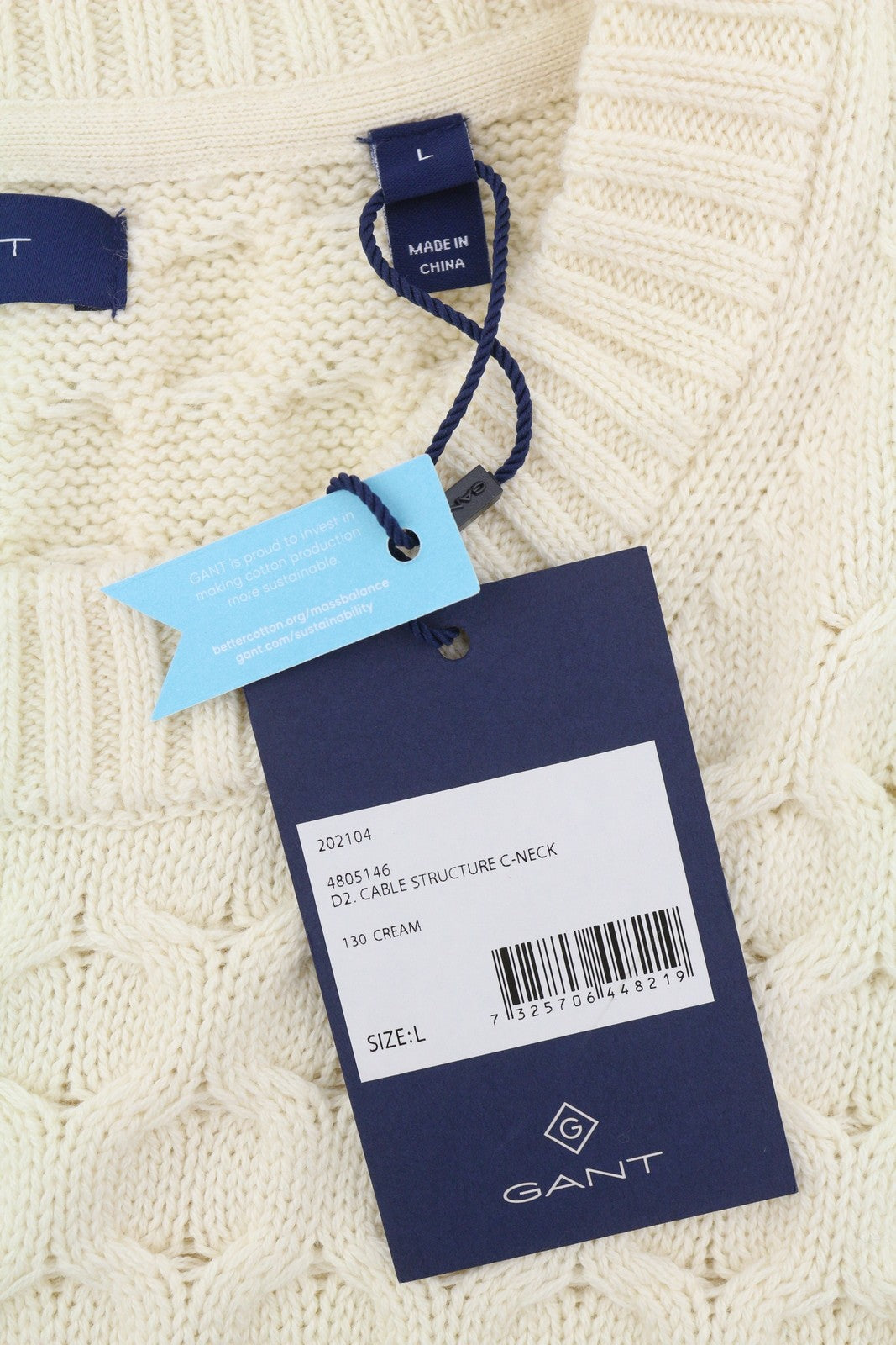 GANT Cable Structure C-Neck Women Jumper L Cream Wool Blend Knit