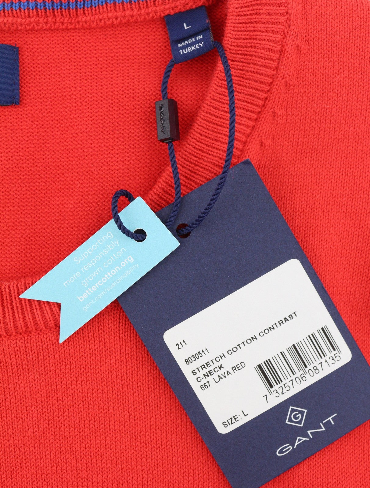 GANT Stretch Cotton Contrast C-Neck Men Jumper L Red Knit
