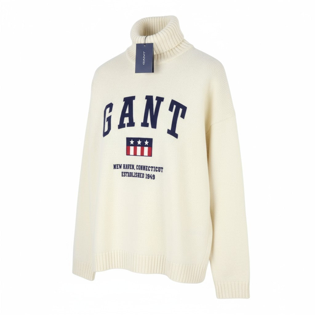 GANT Tag Wool Turtleneck Men Jumper L Cream Lambswool Knit