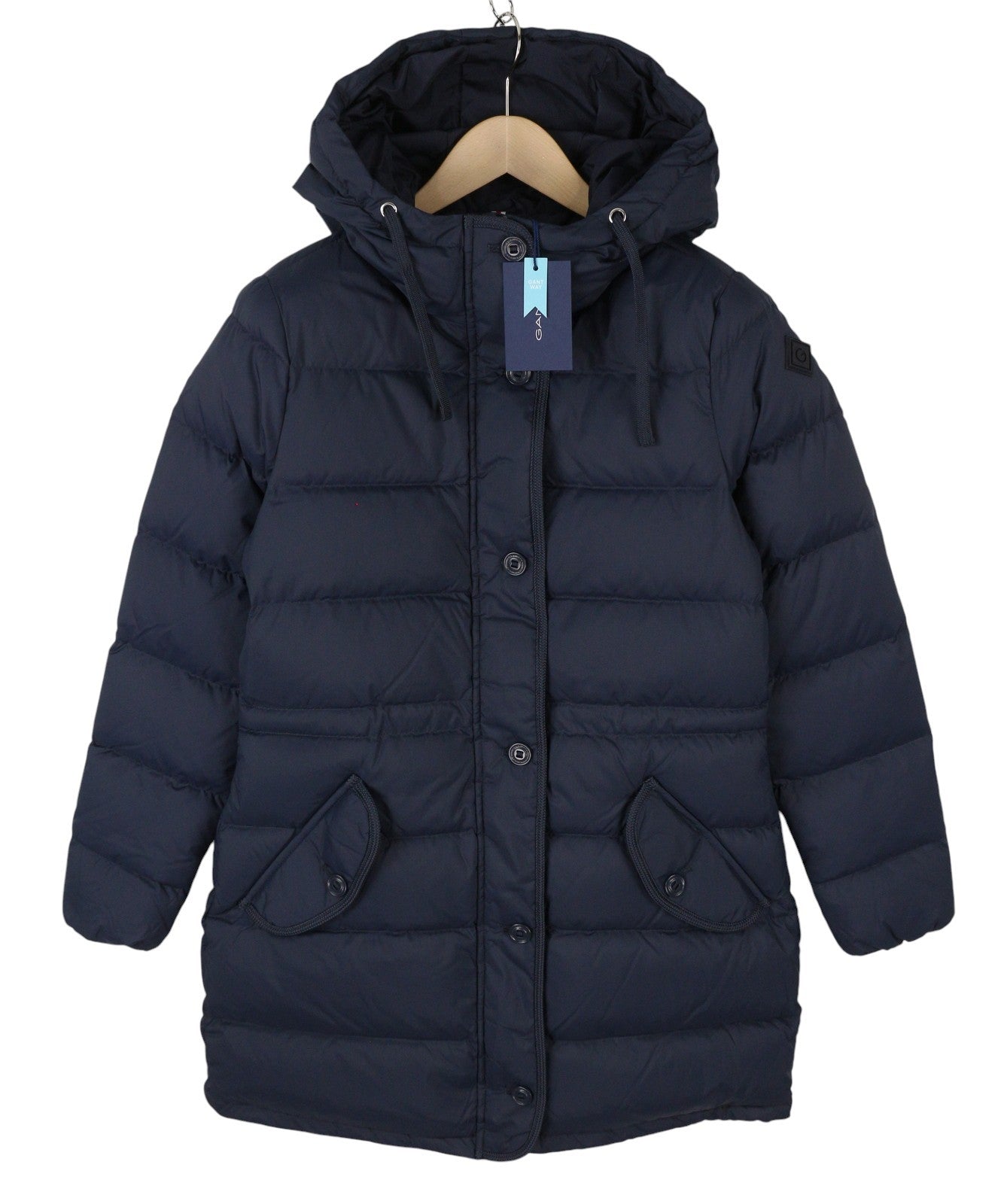 GANT Long Down Women Jacket XS Evening Blue Quilted Hooded Coat RRP299