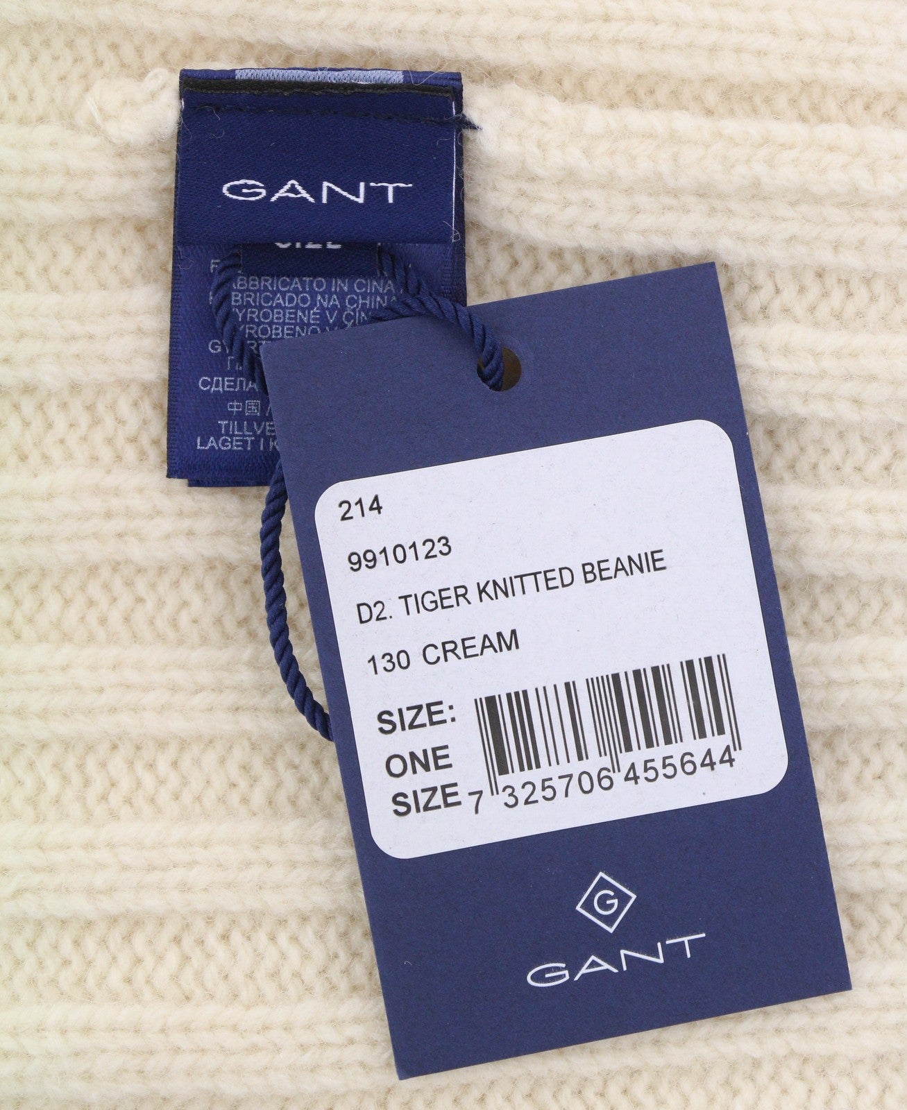 GANT Tiger Knitted Beanie Men Hat OS Cream Wool Patch