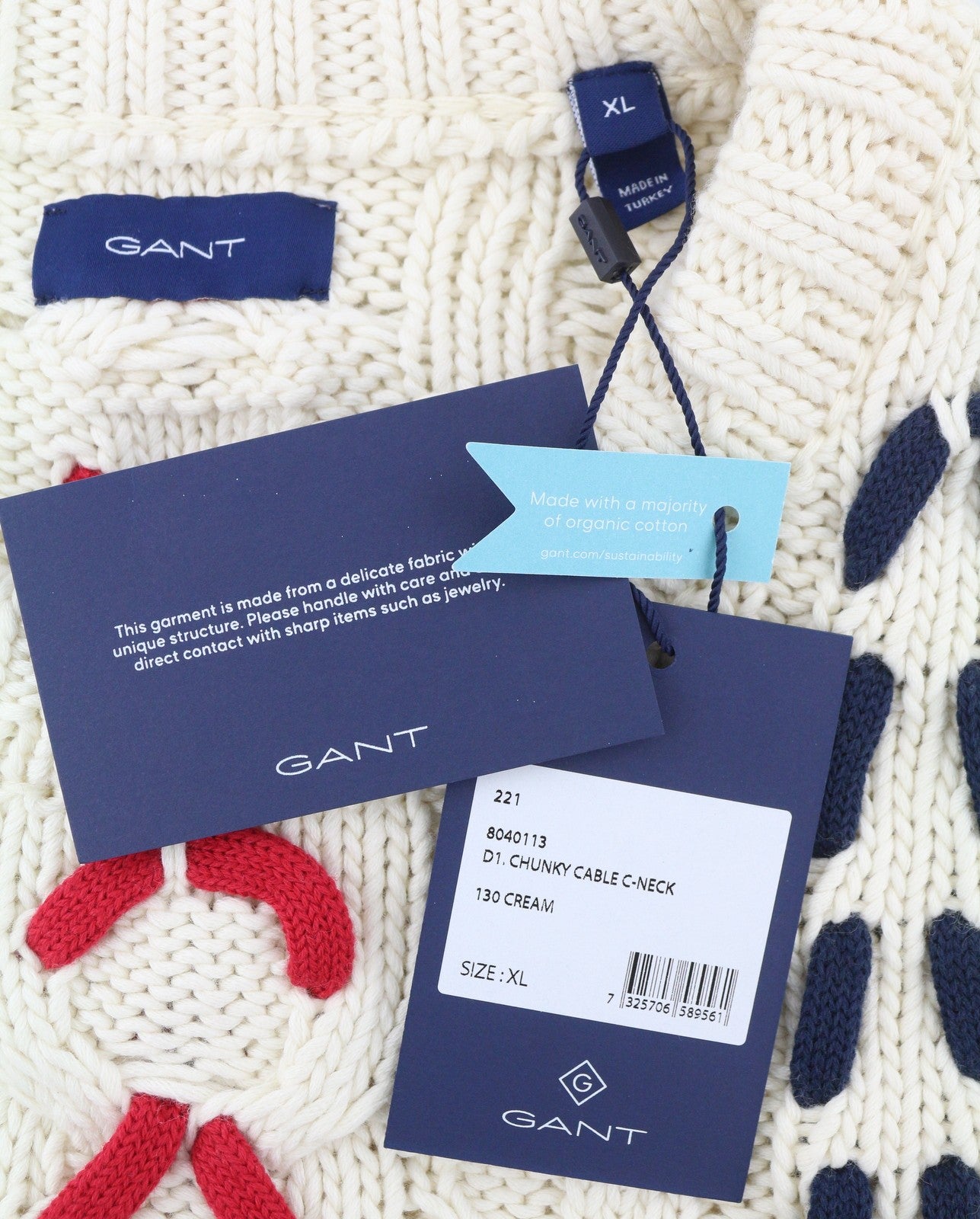 GANT Chunky Cable C-Neck Men Jumper XL Cream Wool Knit
