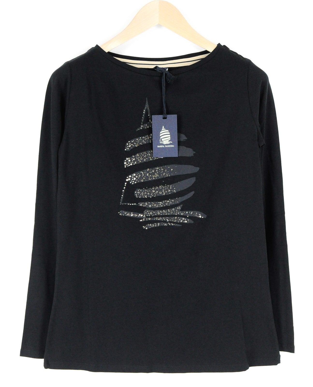 MARINA YACHTING Women T-Shirt S Black Cotton Stretch Round Neck Long Sleeve