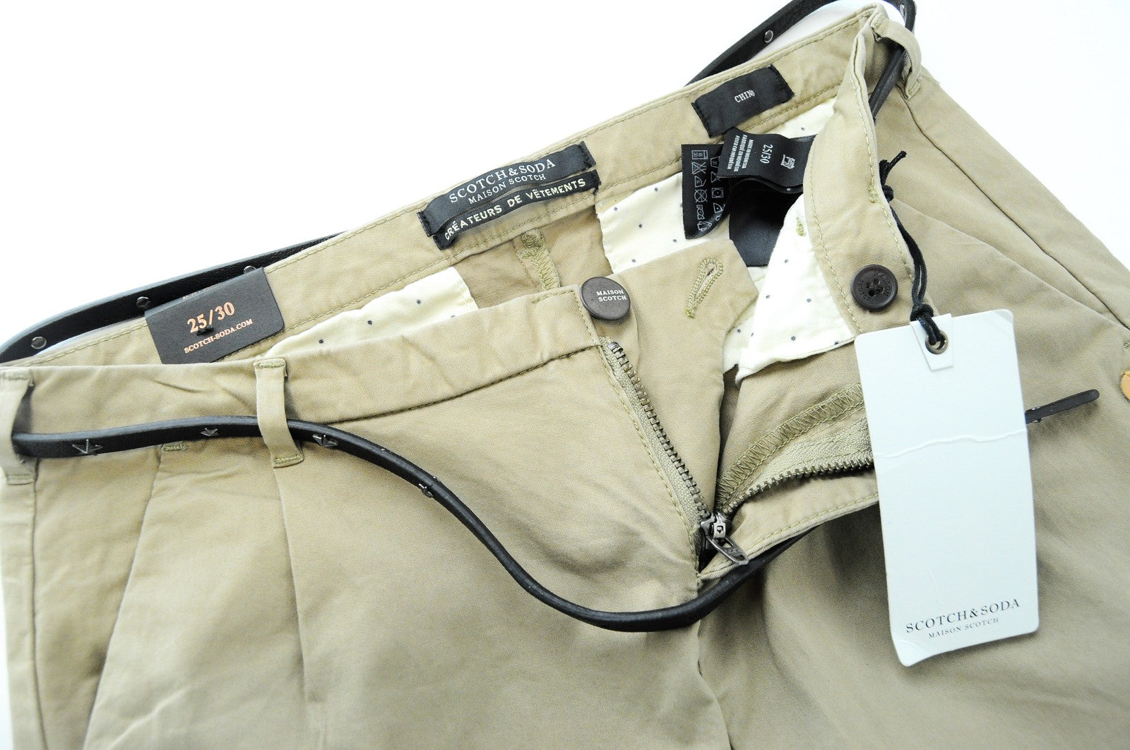 MAISON SCOTCH Women Trousers W25/L30 Cropped Cotton Stretch Light Brown Belted