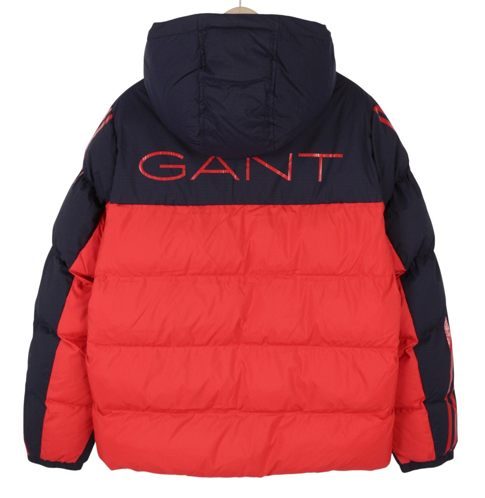 GANT Striped Block Puffer Men Jacket M Red Quilted Hooded Zip RRP399