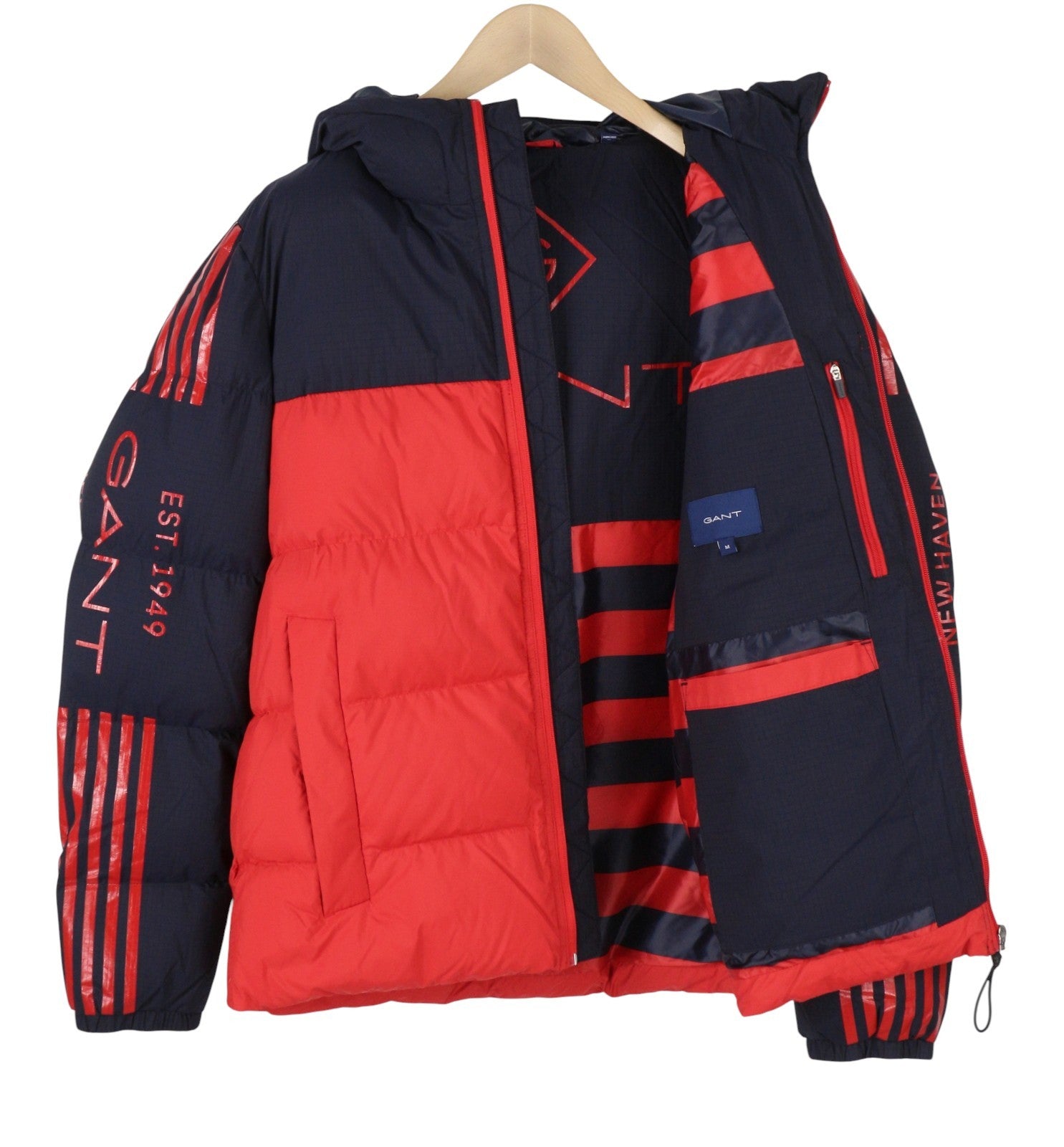 GANT Striped Block Puffer Men Jacket M Red Quilted Hooded Zip RRP399