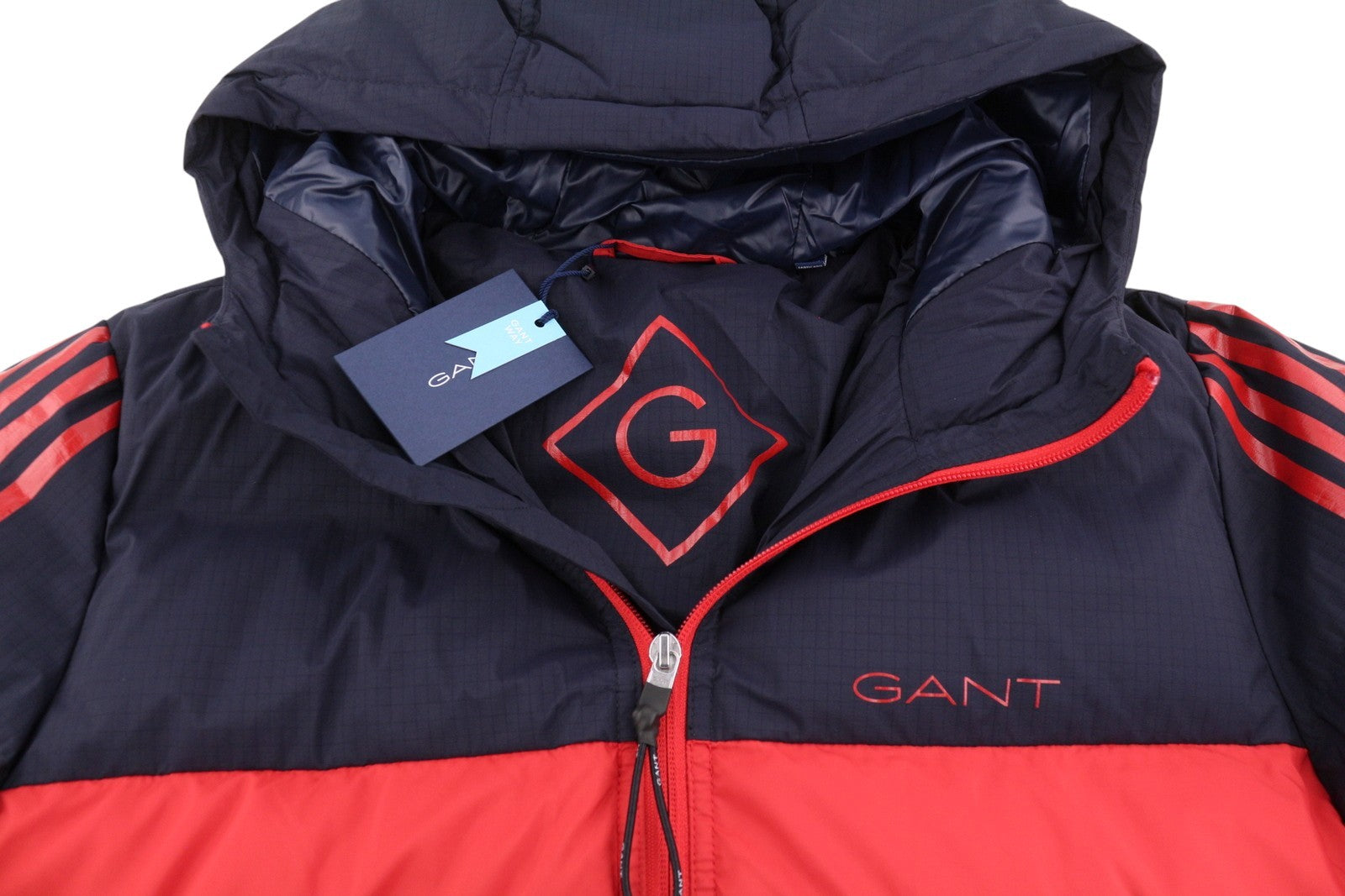 GANT Striped Block Puffer Men Jacket M Red Quilted Hooded Zip RRP399