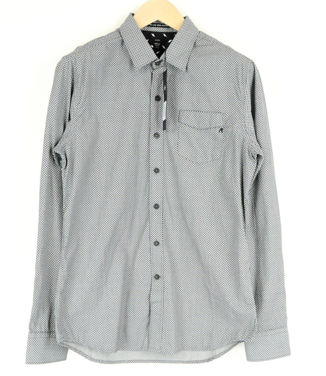 REPLAY Men Shirt L Grey Pure Cotton Patterned Long Sleeved Collared Button-Up