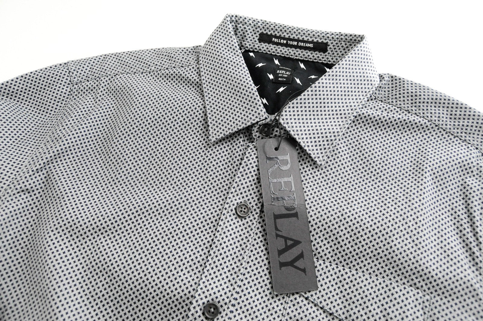 REPLAY Men Shirt L Grey Pure Cotton Patterned Long Sleeved Collared Button-Up