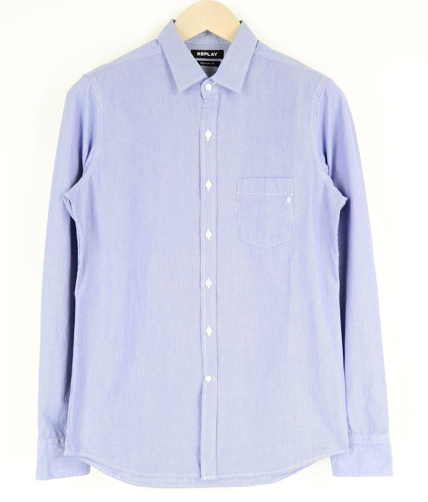 REPLAY Men Shirt S Formal Blue Pure Cotton Striped Long Sleeved Button-Up
