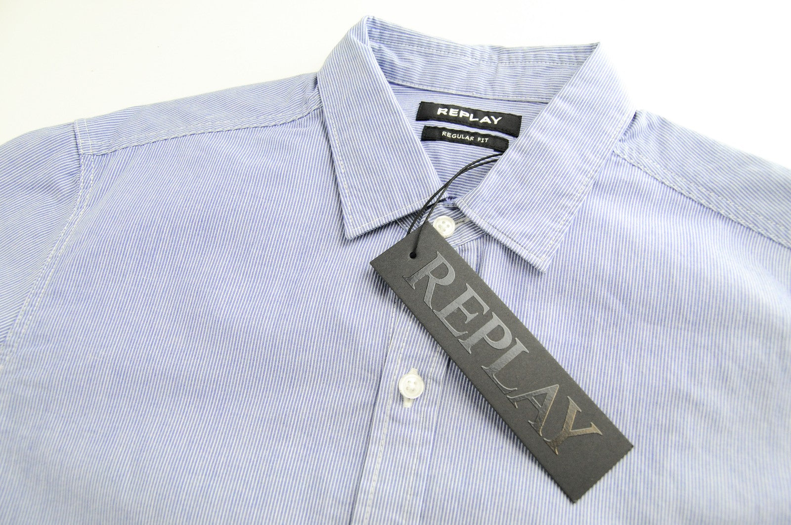 REPLAY Men Shirt S Formal Blue Pure Cotton Striped Long Sleeved Button-Up
