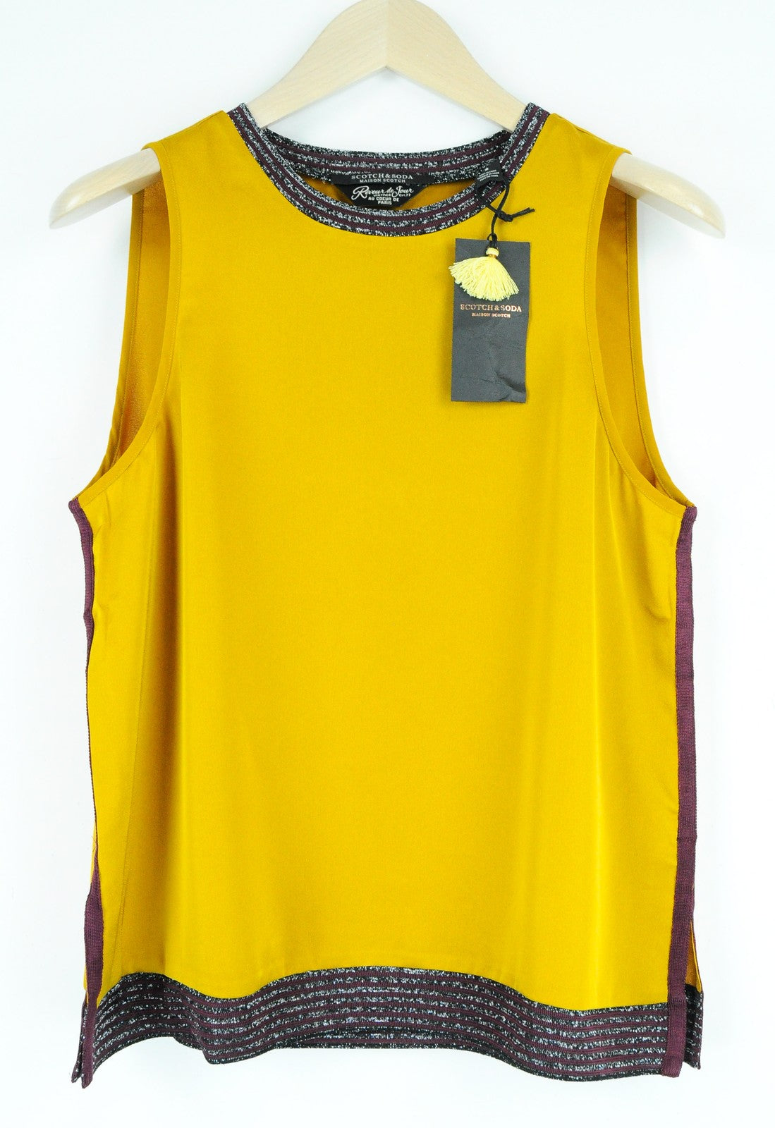 MAISON SCOTCH Women T-Shirt M Sleeveless Round Neck Pullover Yellow Lightweight