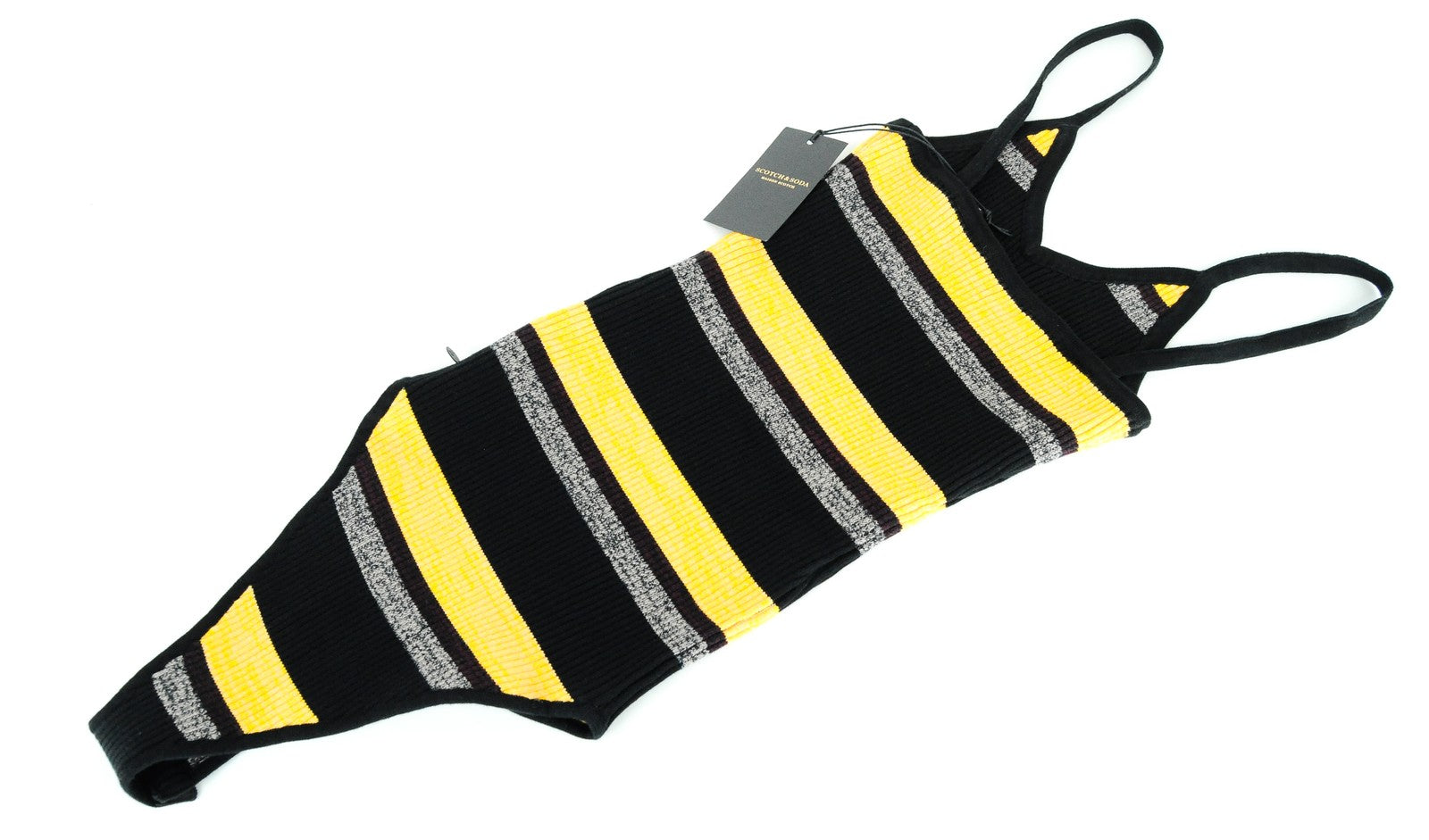 MAISON SCOTCH Women Top XS Black Orange Striped Cotton Blend One Piece Body