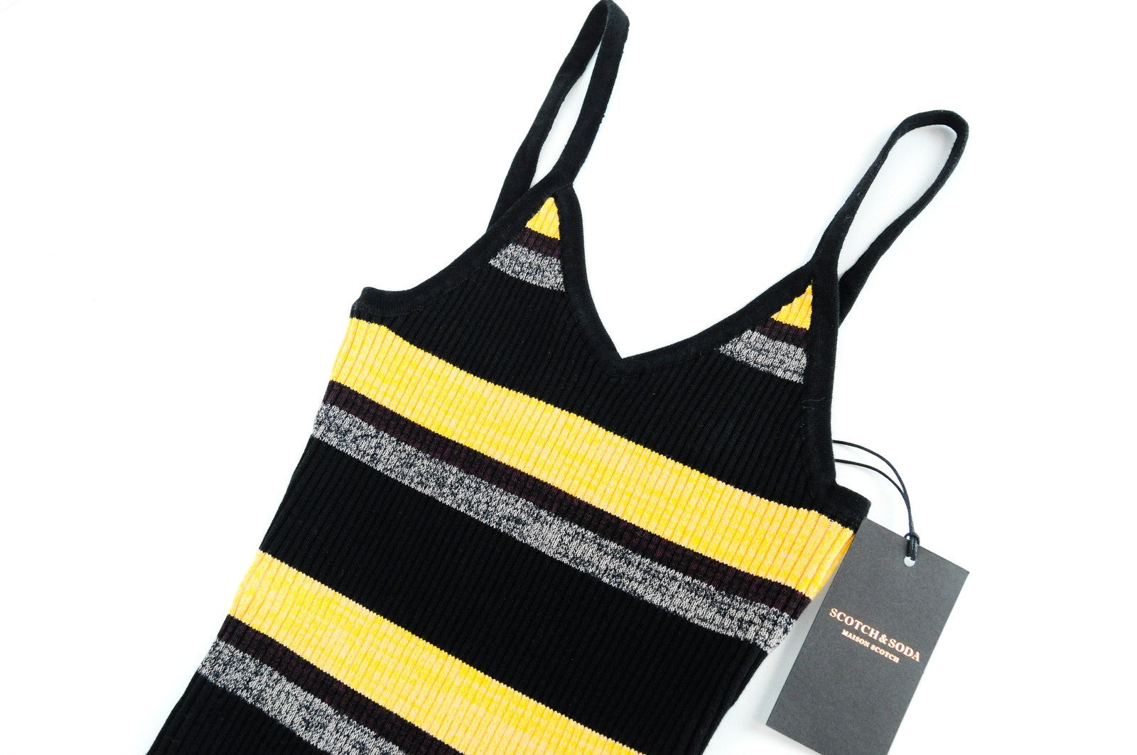 MAISON SCOTCH Women Top L Striped Cotton Blend Black Orange One Piece Body*