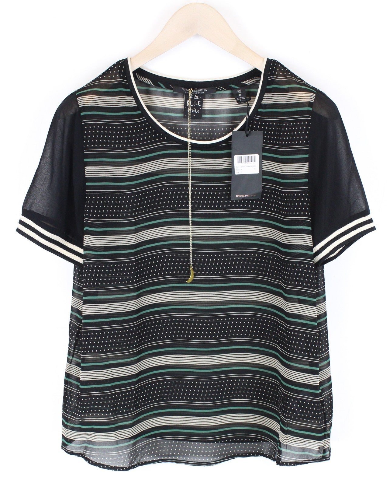 MAISON SCOTCH Women T-Shirt M Black Pattern See-Through Short Sleeve Lightweight
