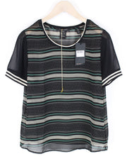 MAISON SCOTCH Women T-Shirt M Black Pattern See-Through Short Sleeve Lightweight