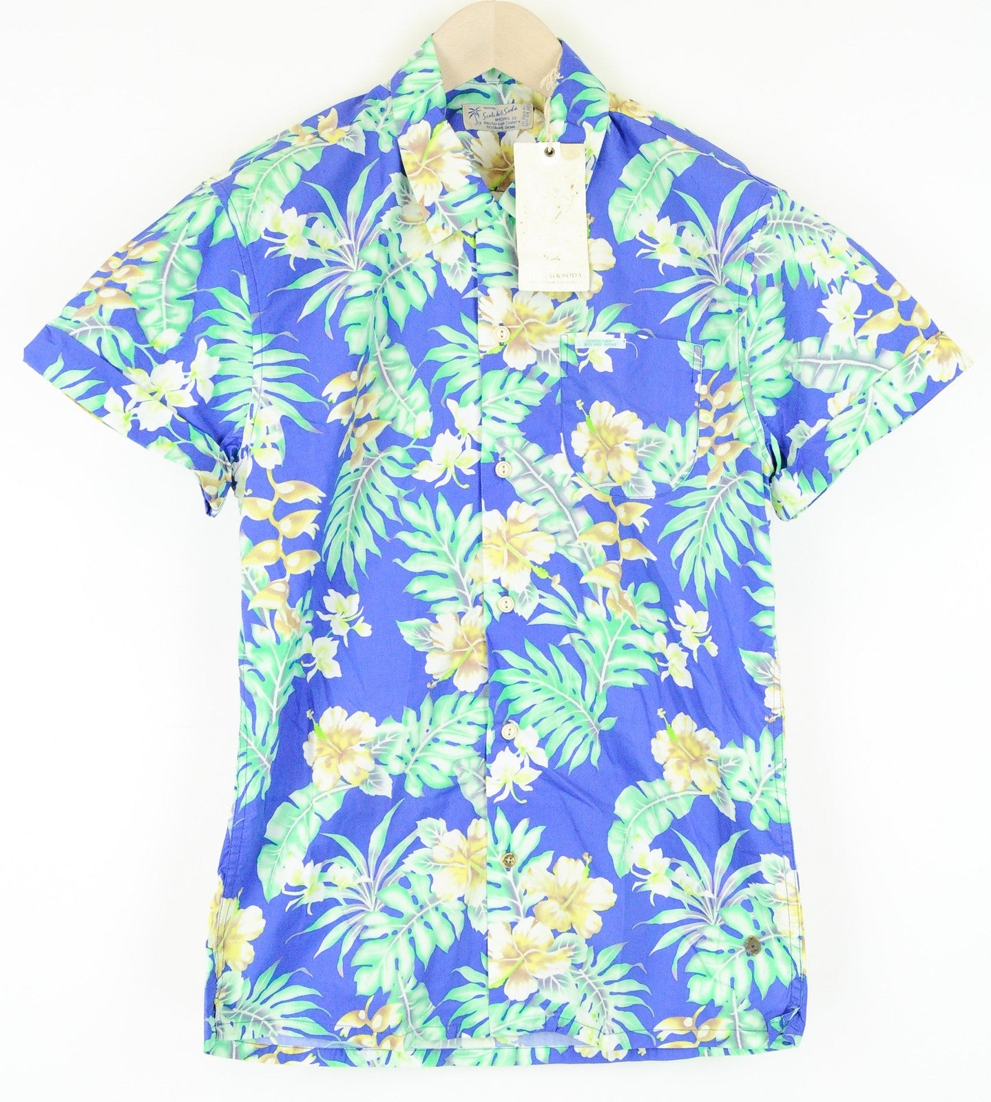 SCOTCH & SODA Ams Couture Men Shirt S Blue Cotton Flower Pattern Short Sleeve