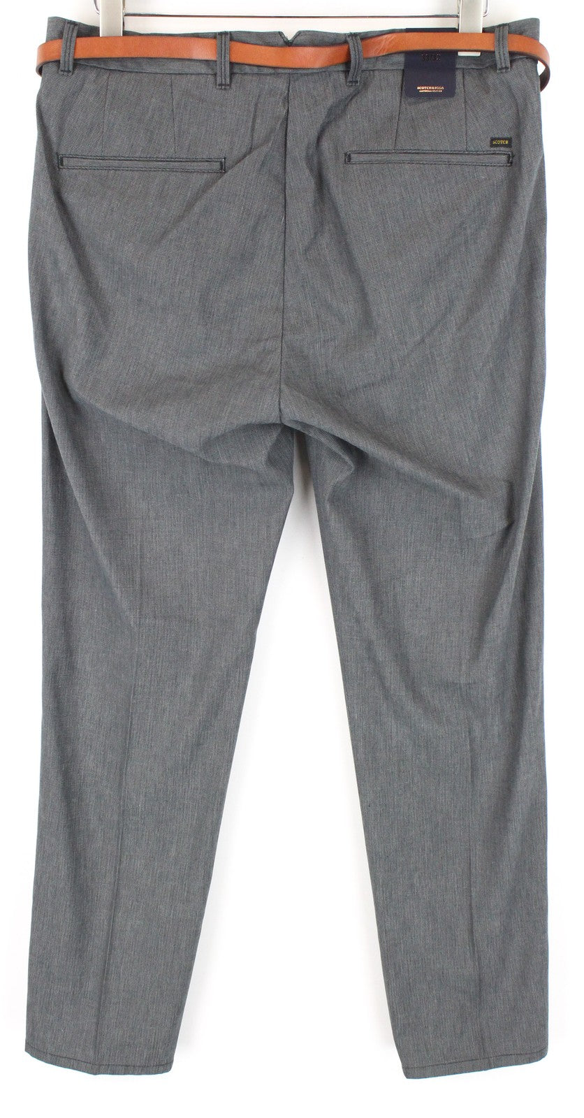 SCOTCH & SODA Stuart Men Trousers W33/L32 Grey Slim Pure Cotton Pleated Belted