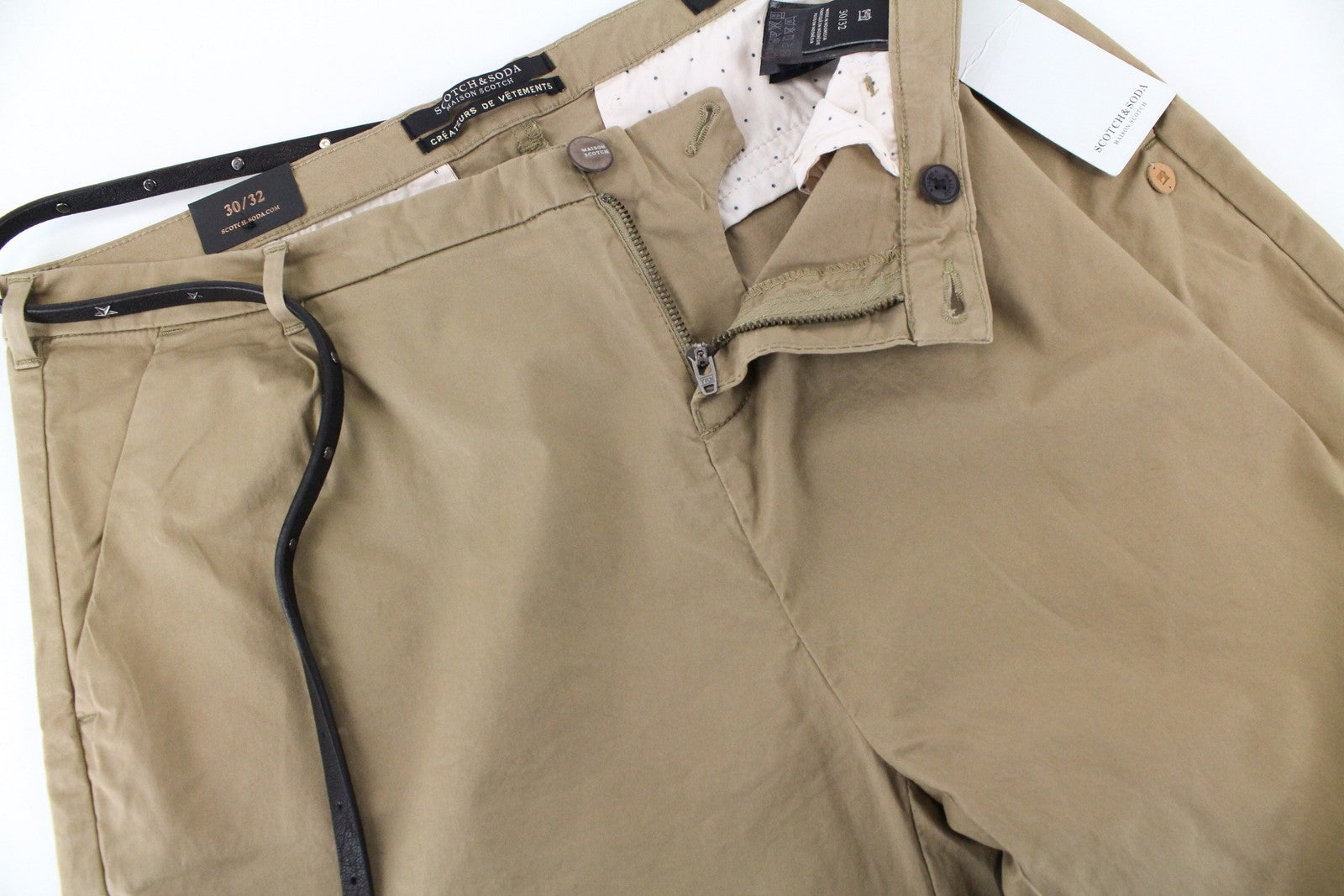 MAISON SCOTCH Women Trousers W30/L32 Belted Brown Cotton Stretch Cropped Chino