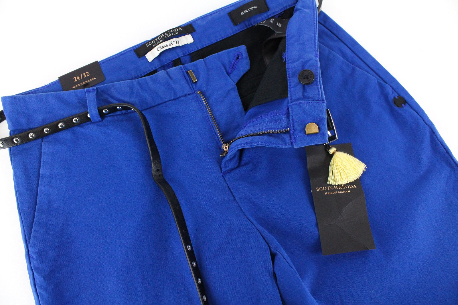 MAISON SCOTCH Women Trousers W24/L32 Blue Slim Fit Belted Cotton Stretch