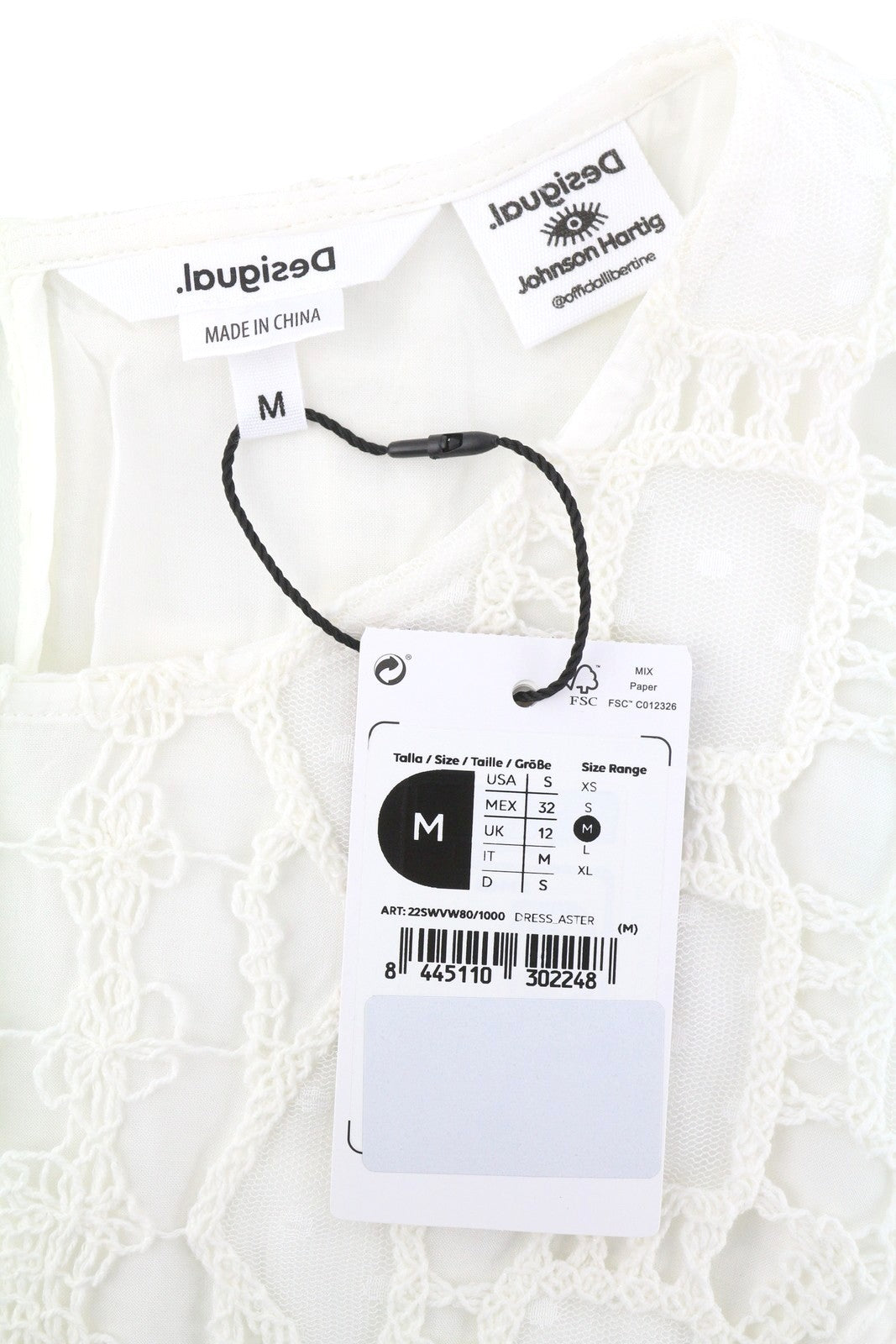 DESIGUAL Aster Women Dress M White Embroidered Belted 3/4 Sleeves