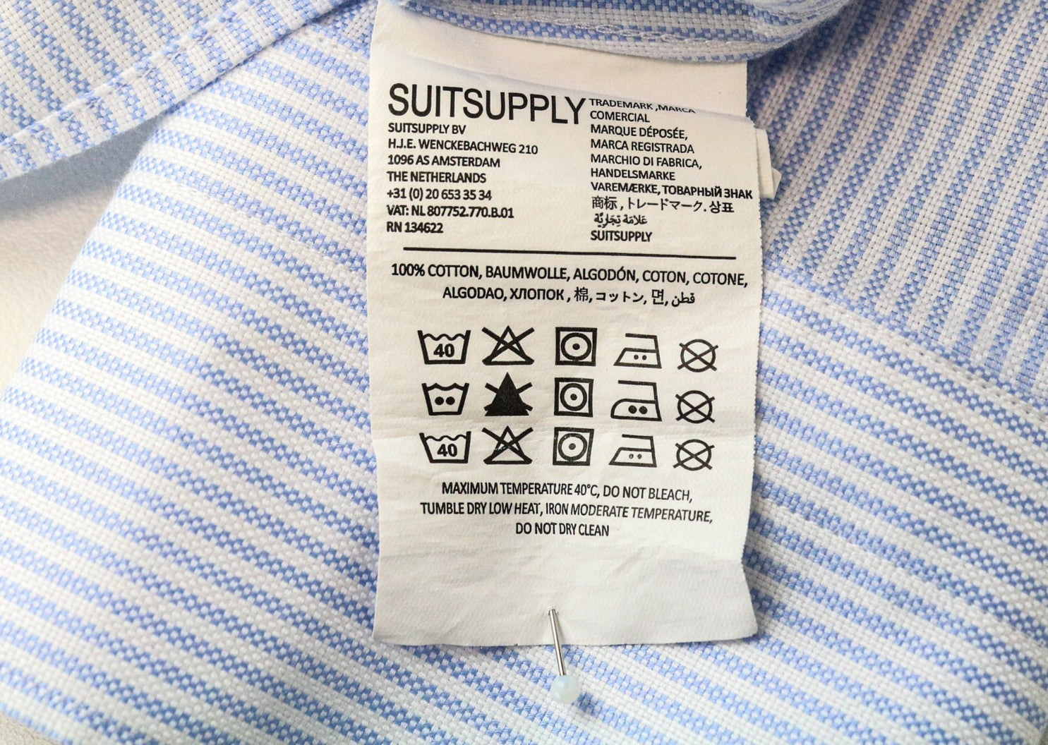 SUITSUPPLY Men's Formal Shirt 44L/17 1/2L Extra Slim Blue Striped Cotton Pattern